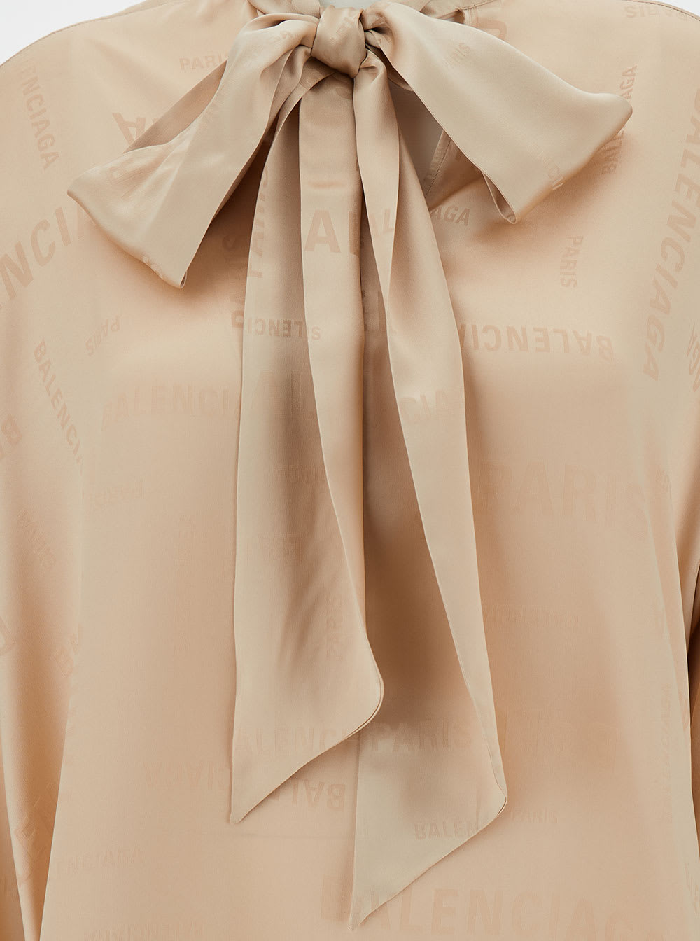 Shop Balenciaga Oversized Beige Shirt With Bow Detail And All-over Jacquard Logo In Silk Woman