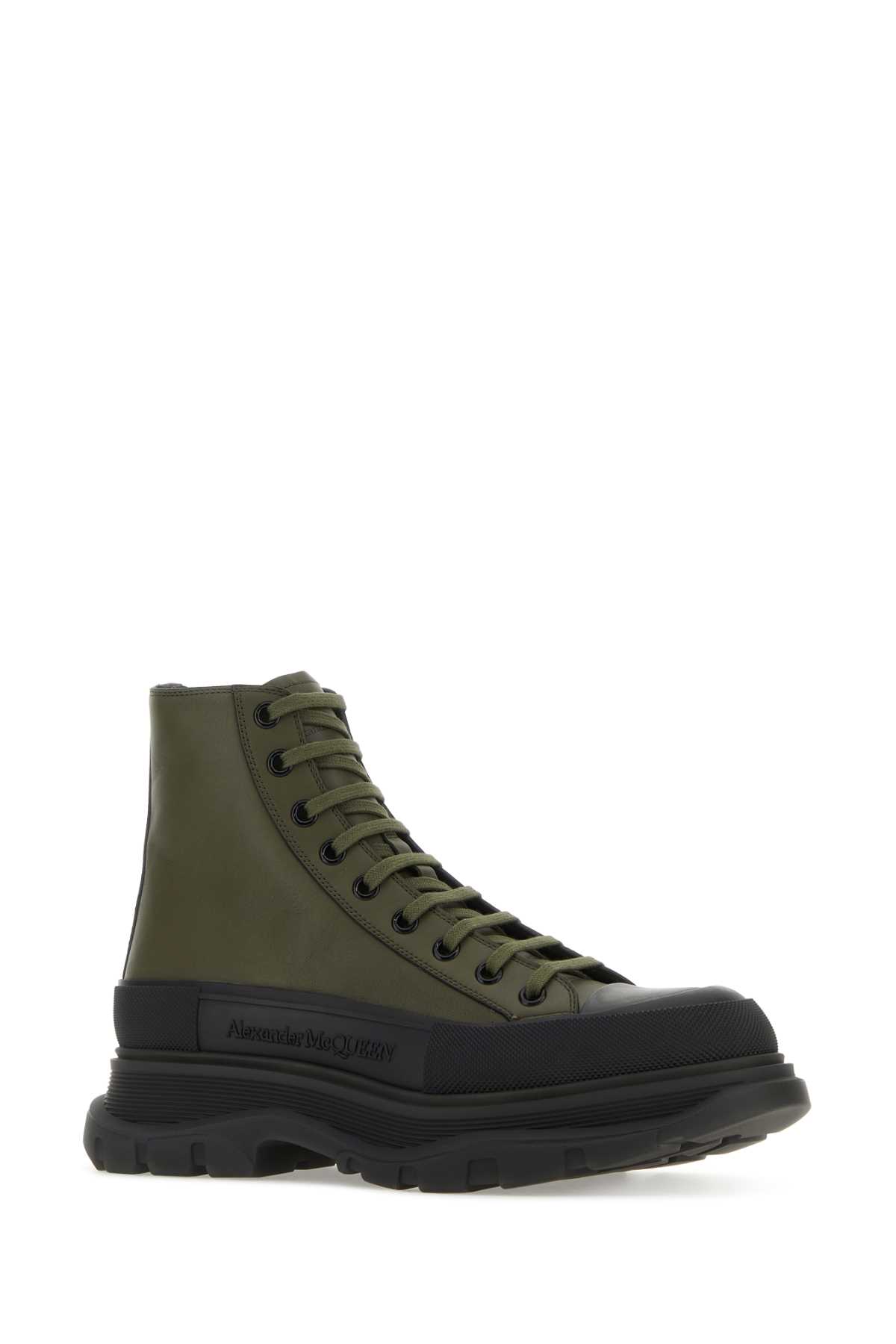 Shop Alexander Mcqueen Olive Green Leather Tread Slick Sneakers In Khaki/black