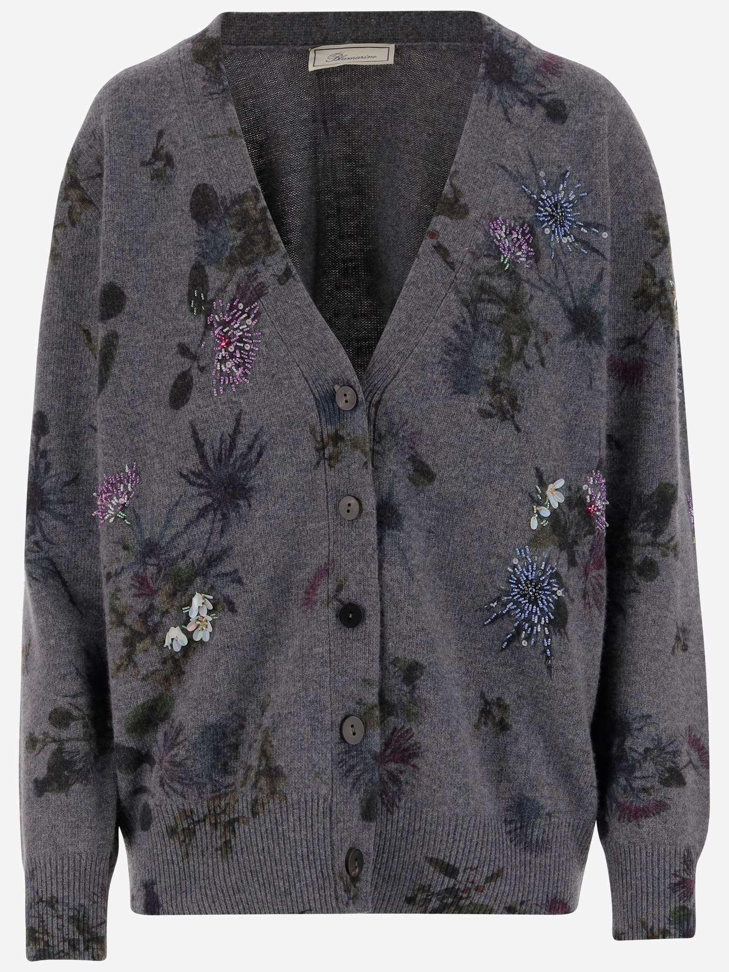 Blumarine Wool Blend Cardigan With Rhinestones In Gray