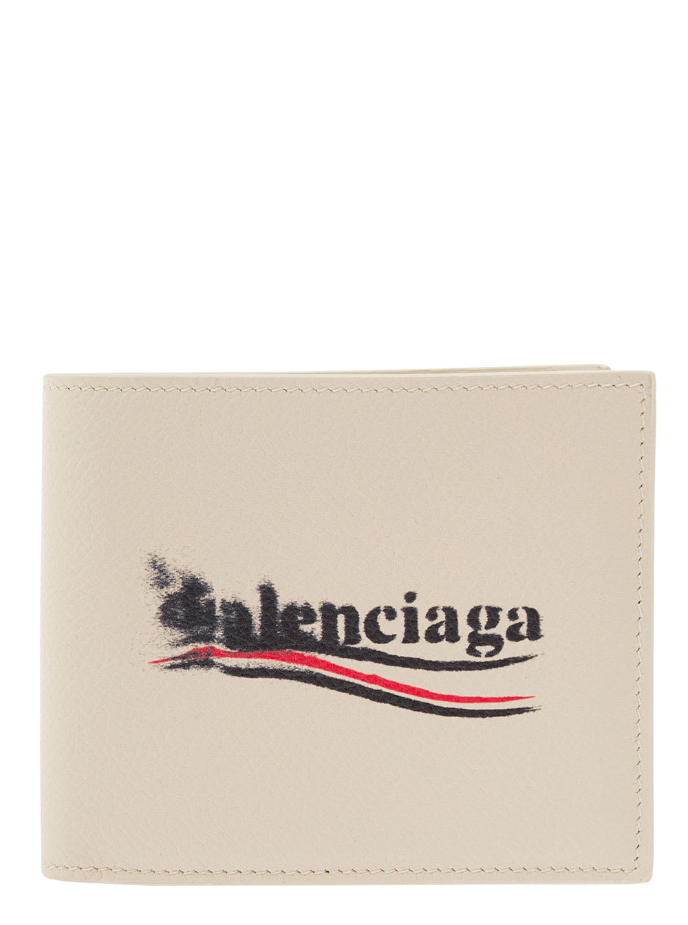 Balenciaga Cash Light Beige Bifold Wallet With Political Stencil Logo Print In Hammered Leather Man In Neutral