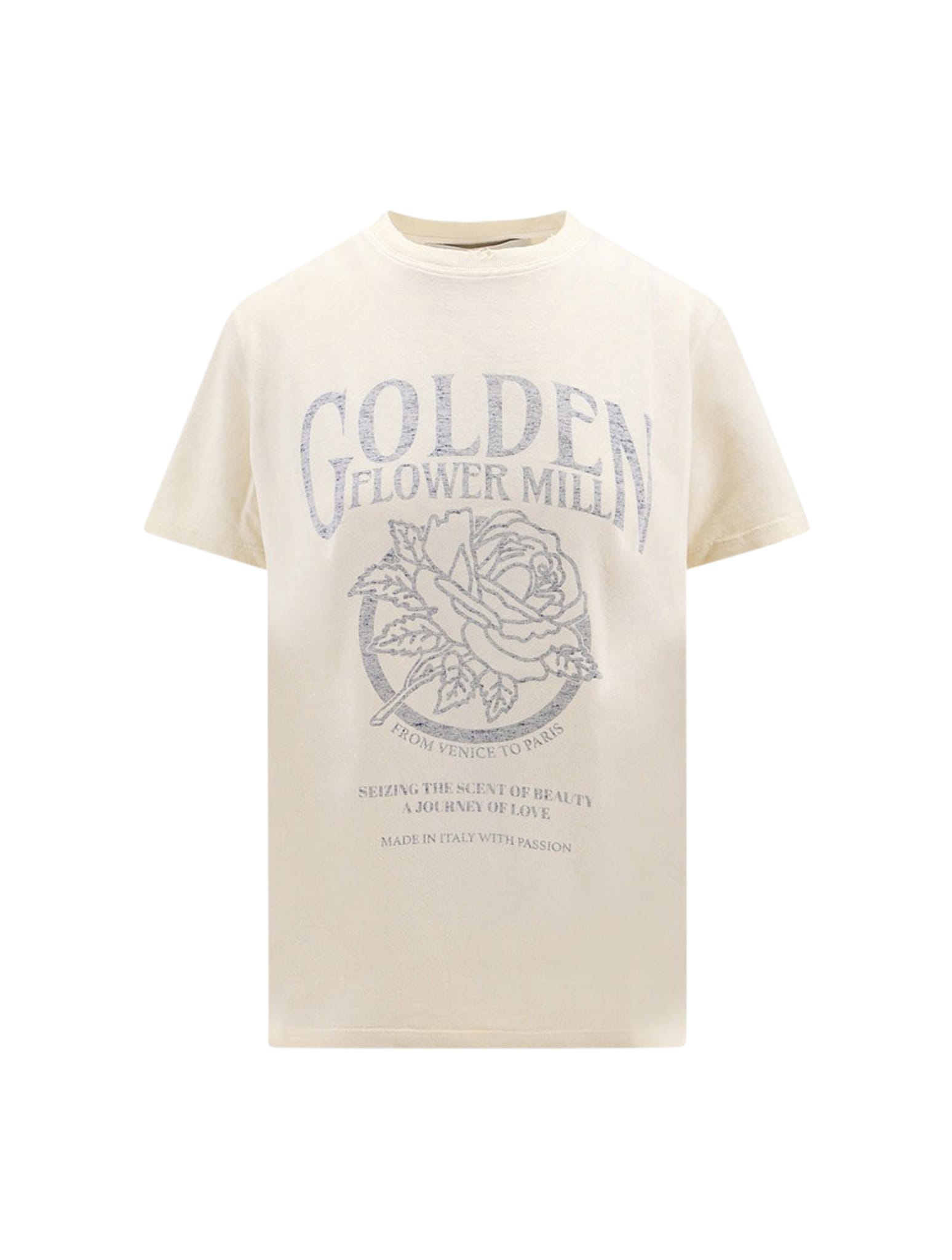 Golden Goose Journey W`s T-shirt Regular S/s Gauze Cotton Jersey/distressed Ribs/waterprint In Heritage White