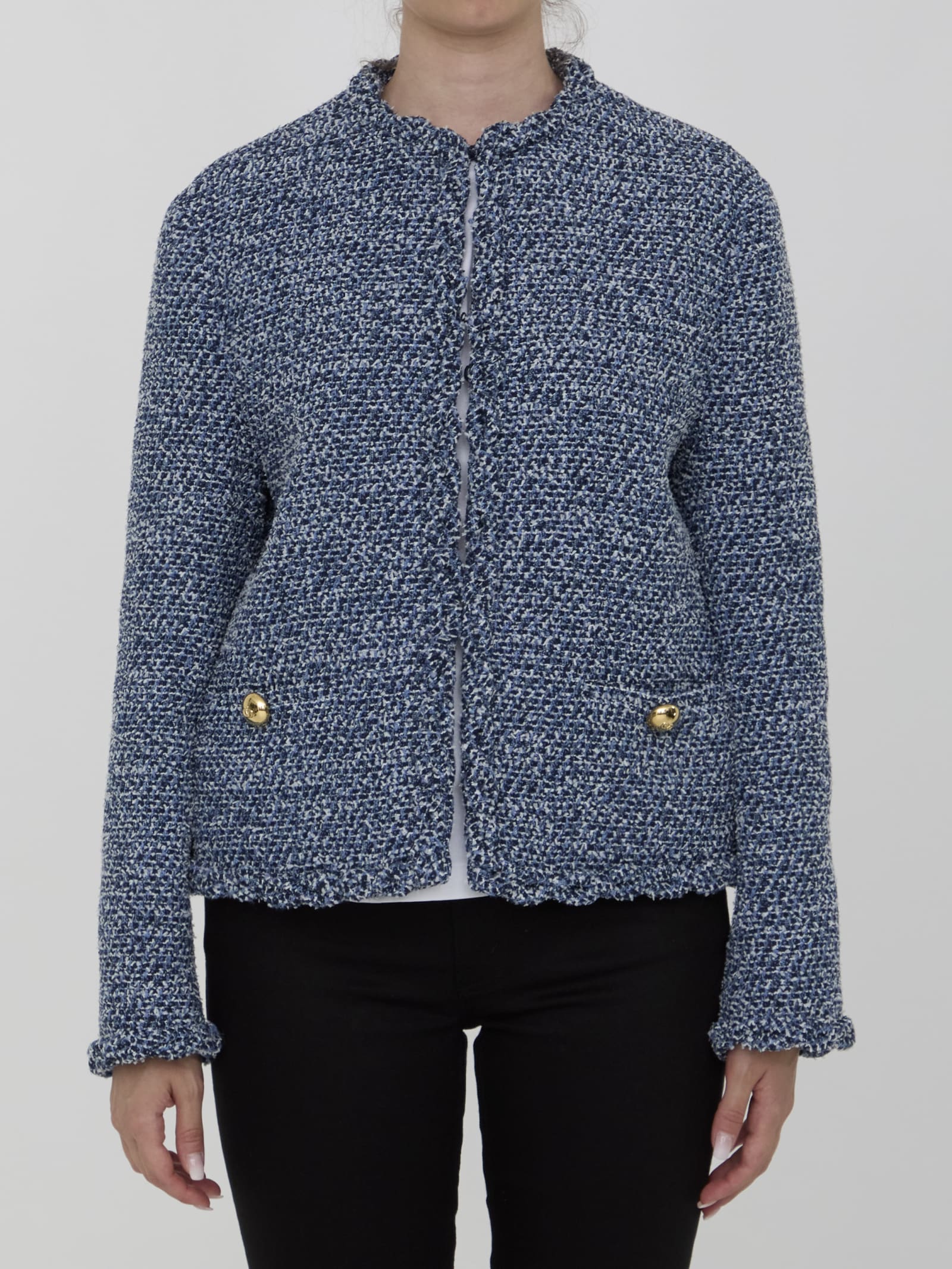 Shop Valentino Denim Textured Tweed Jacket In Light Blue