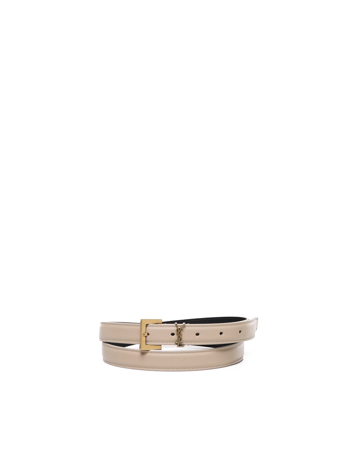 Shop Saint Laurent Cassandre Thin Leather Belt In Beige