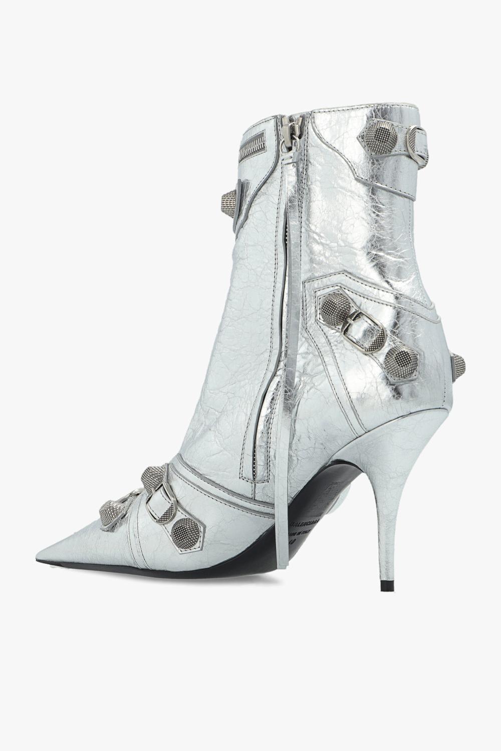 Shop Balenciaga Cagole Heeled Ankle Boots In Silver