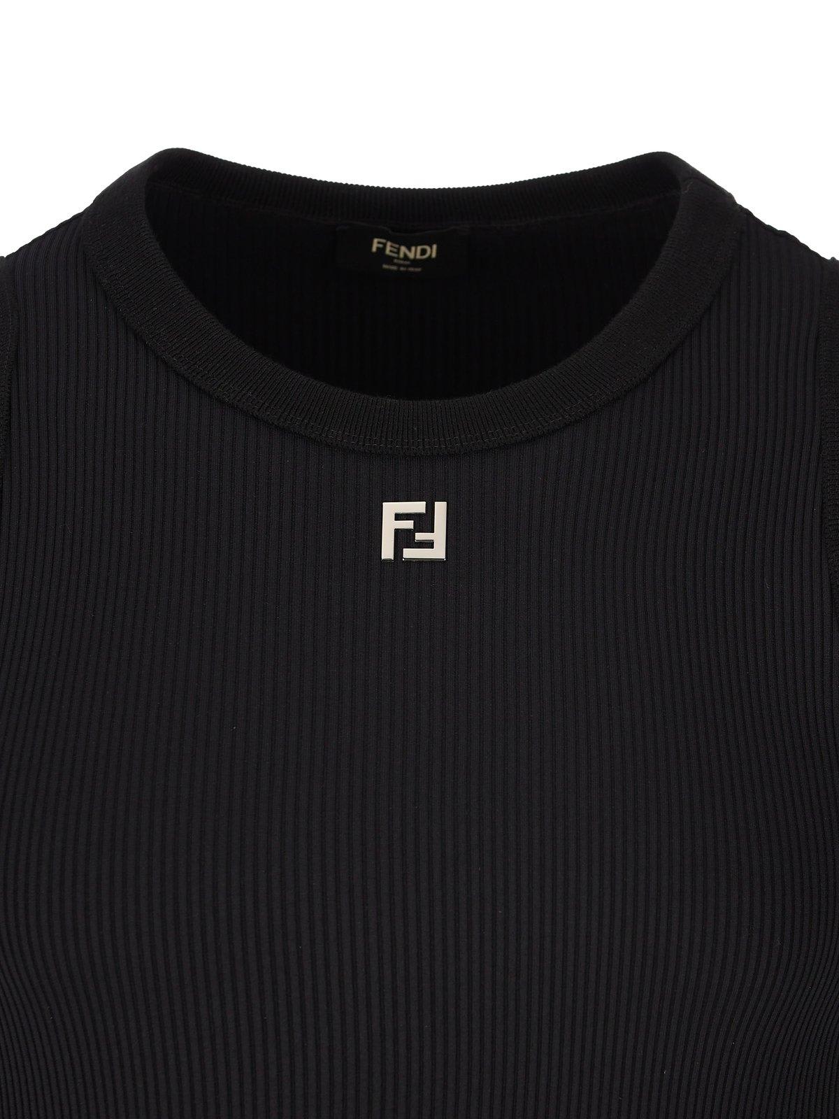 Shop Fendi Logo Plaque Ribbed-knit Top In Black