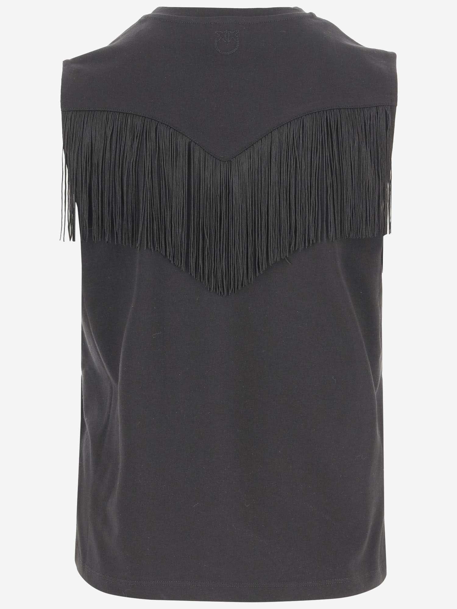 Shop Pinko Fringed Cotton Top In Black