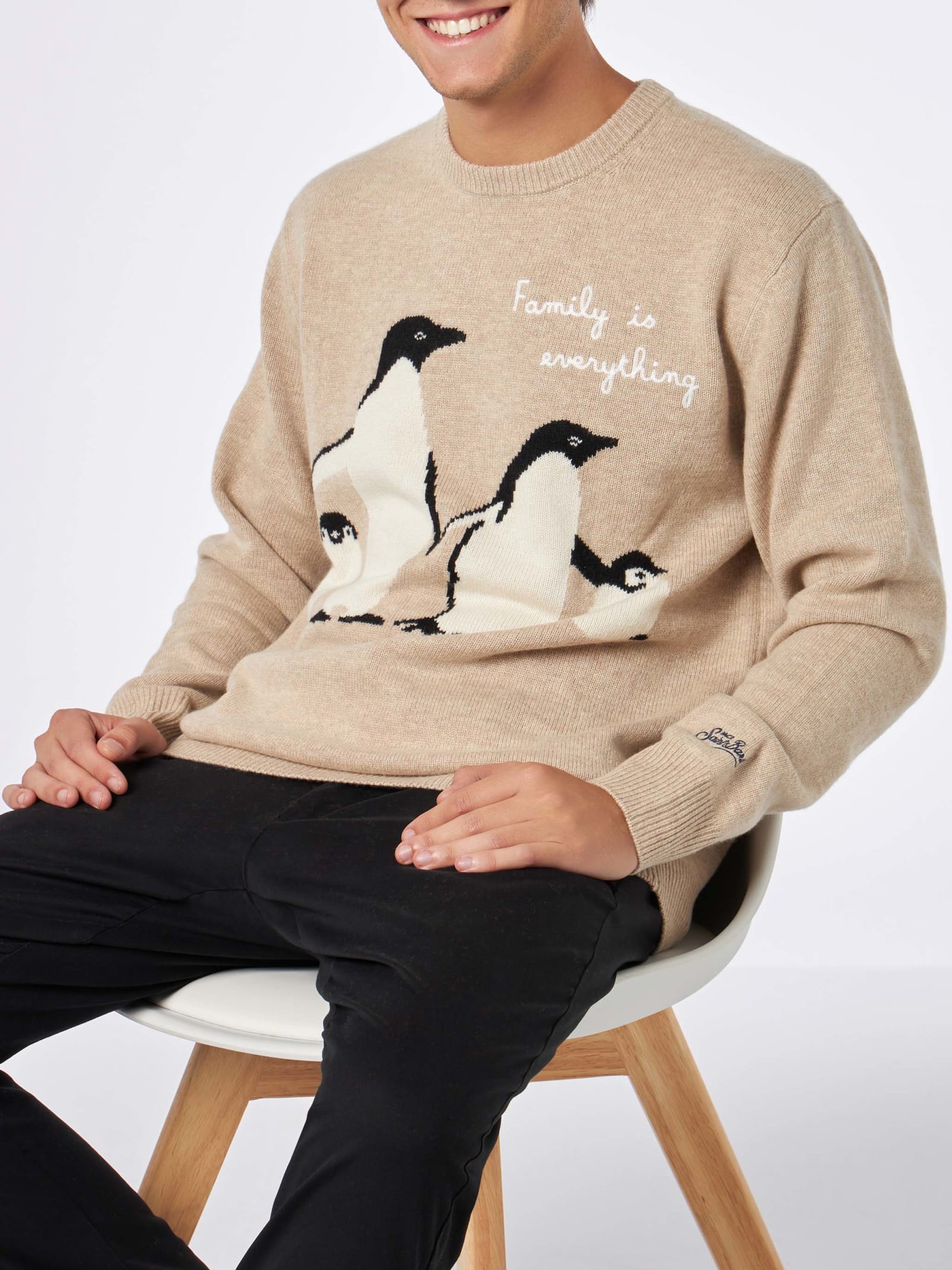 Mc2 Saint Barth Man Sweater With Penguins Print And Family Is Everything Embroidery In Beige