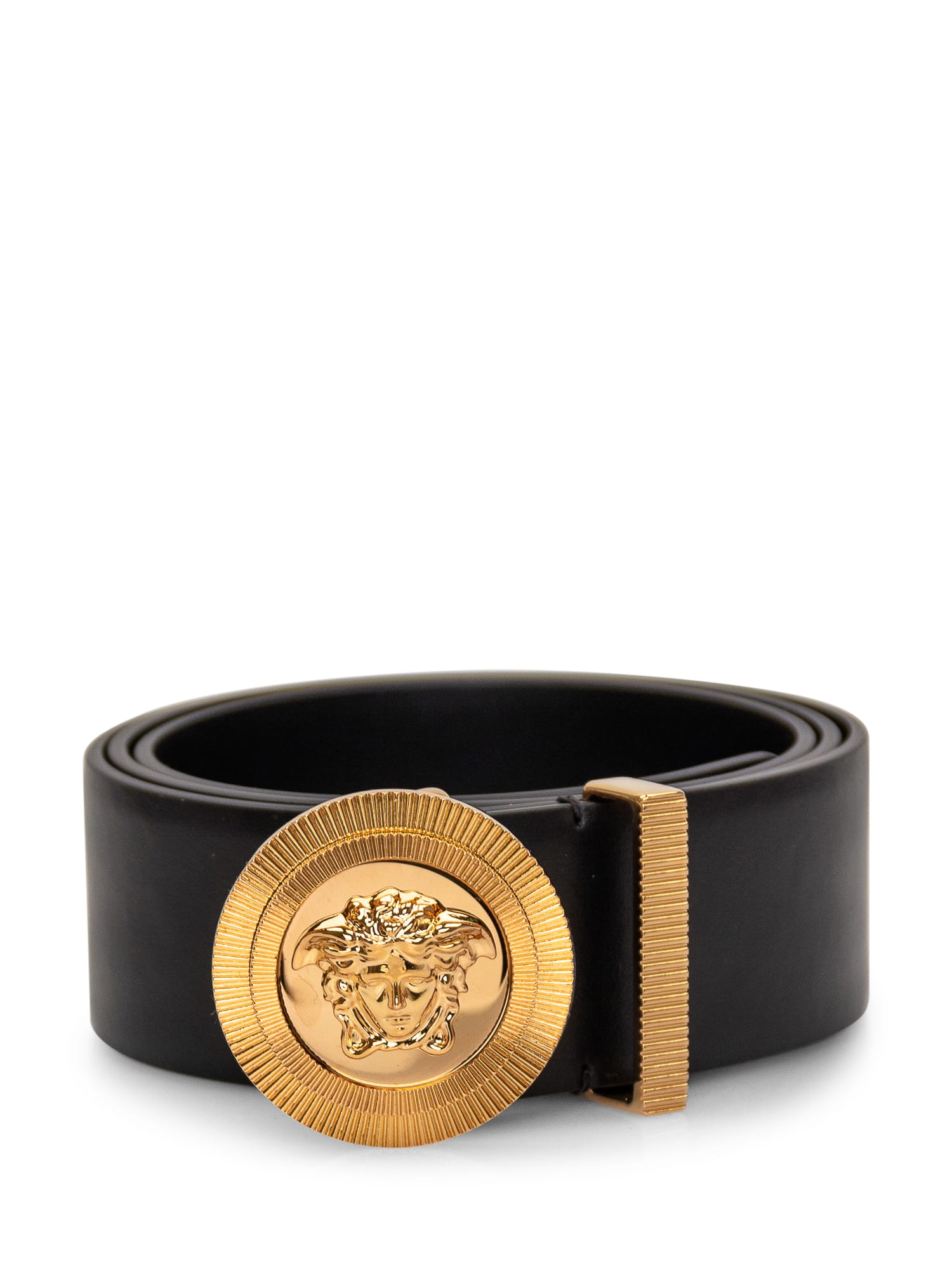 Versace Medusa Logo Plaque Belt In Nero-oro