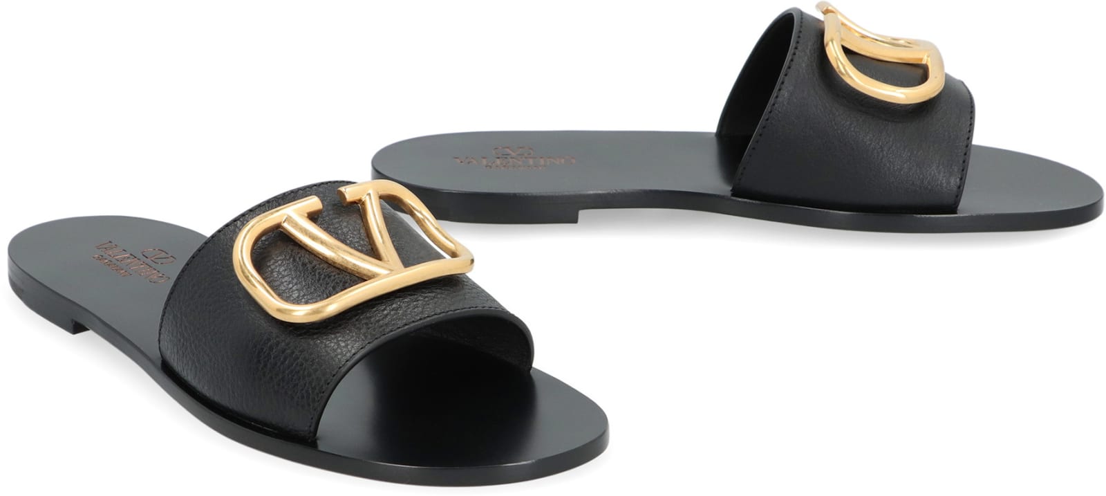Shop Valentino Garavani - Leather Slides With Logo In Nero