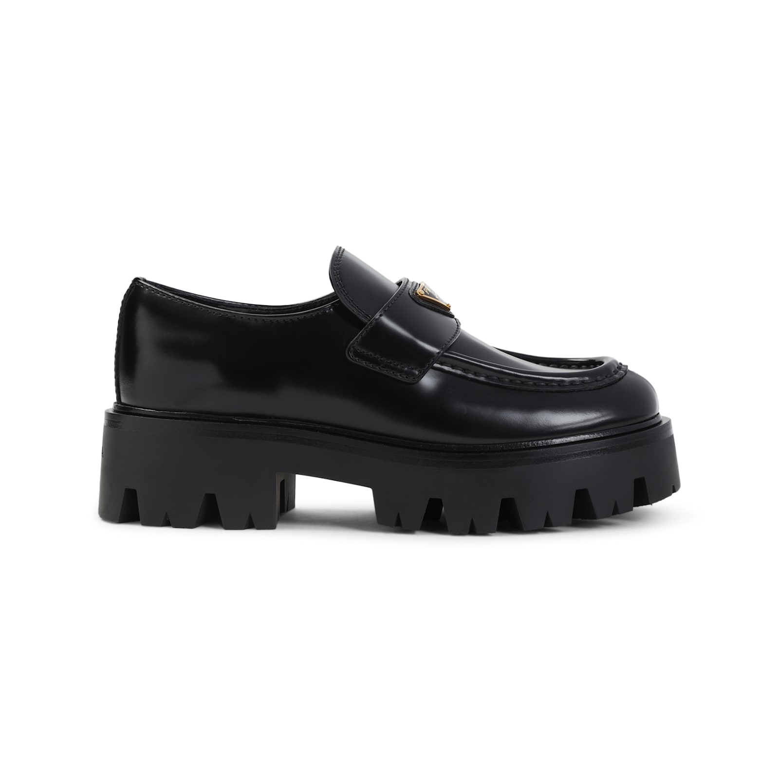 Prada Platform Leather Triangle Logo Loafers In Black