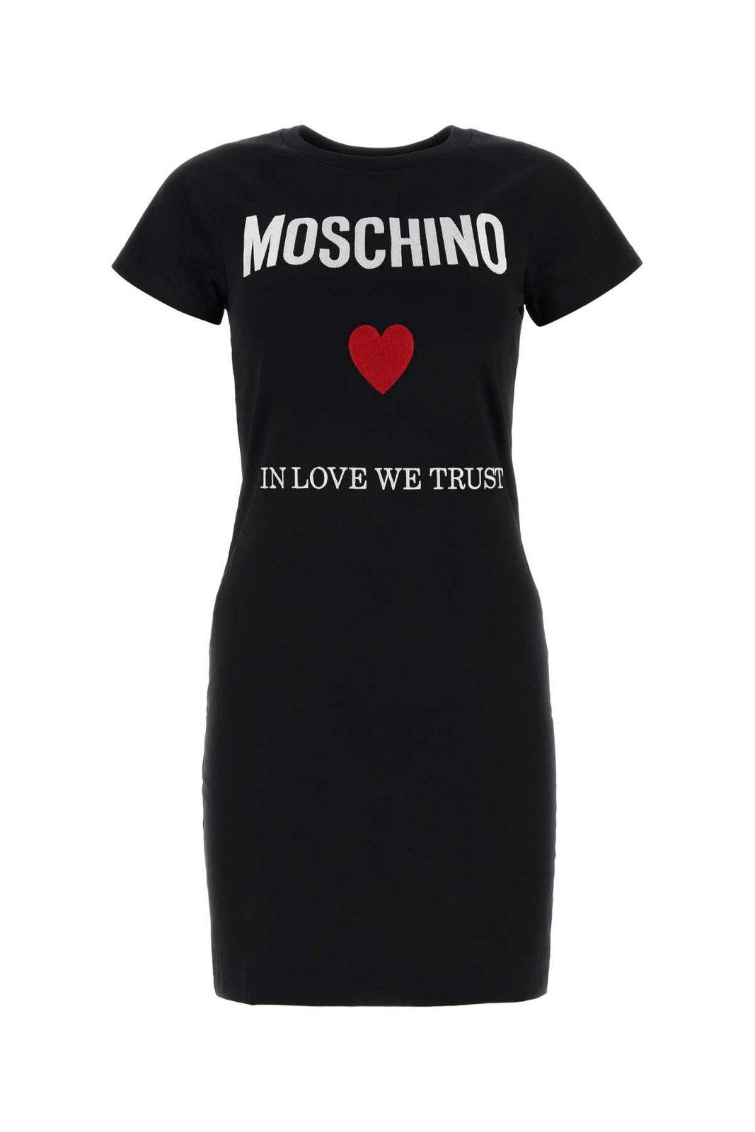 Shop Moschino Logo Embroidered Crewneck Mini T-shirt Dress In Black