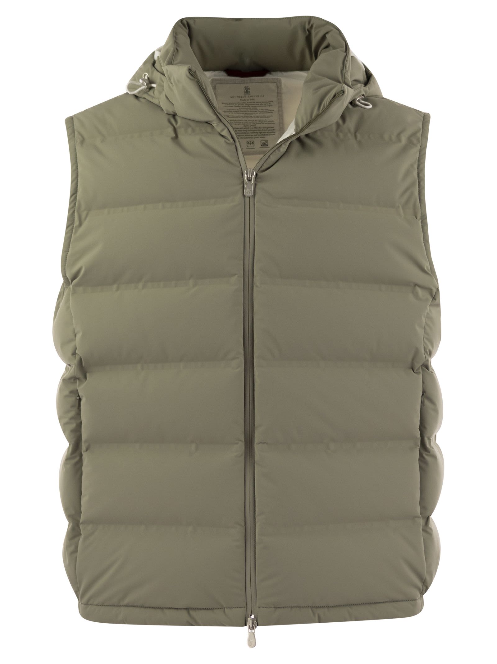 BRUNELLO CUCINELLI SLEEVELESS DOWN JACKET IN MEMBRANED TAFFETA WITH HEAT TAPES AND DETACHABLE HOOD 