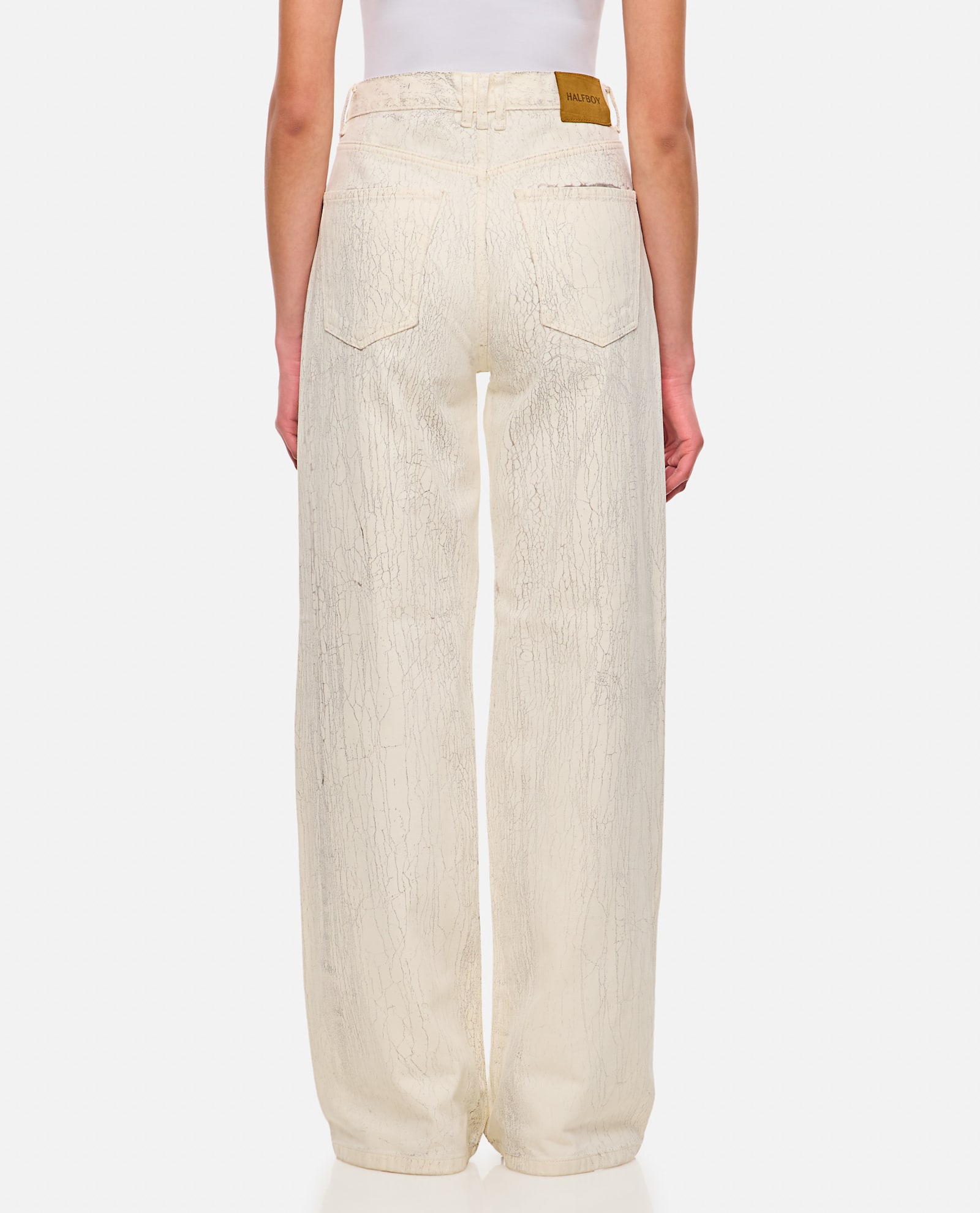 Halfboy Beige Crepe Pattern Wide Leg Jeans In White