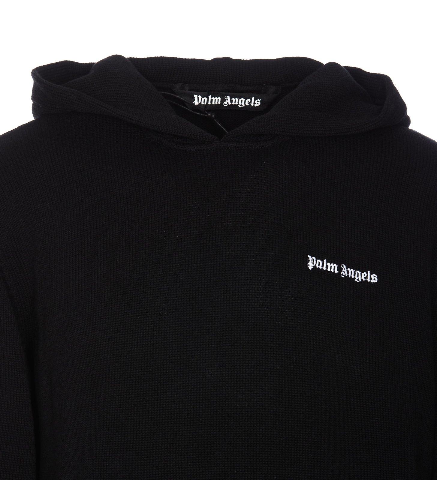 Shop Palm Angels Classic Logo Knit Hoodie In Blackoff