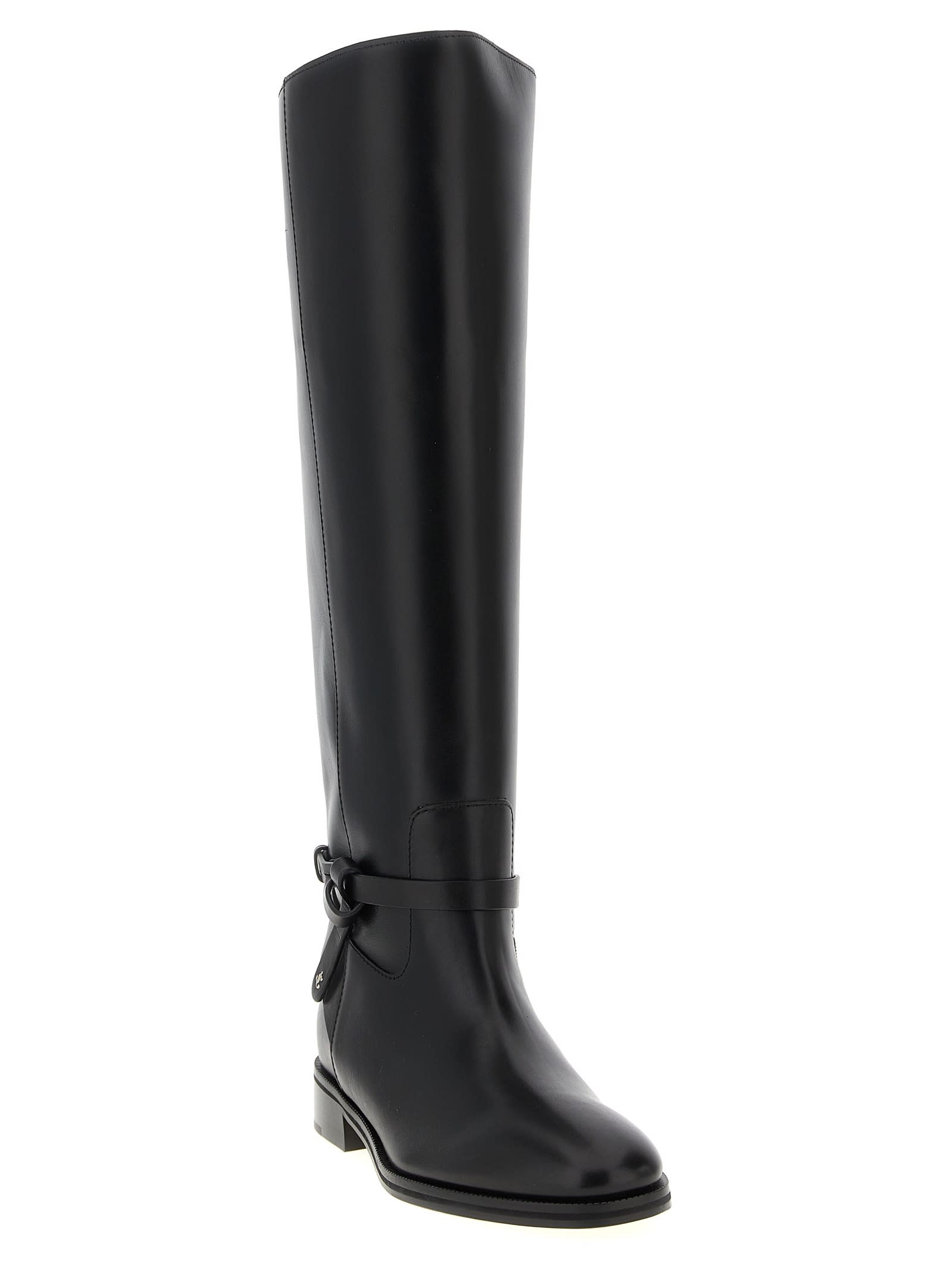 Jimmy Choo Knee-high Strap Detail Round Toe Boots In Black