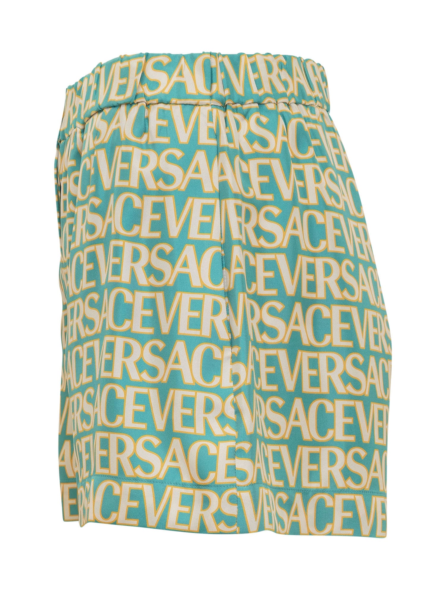 Shop Versace Silk Shorts In Turquoise-avorio