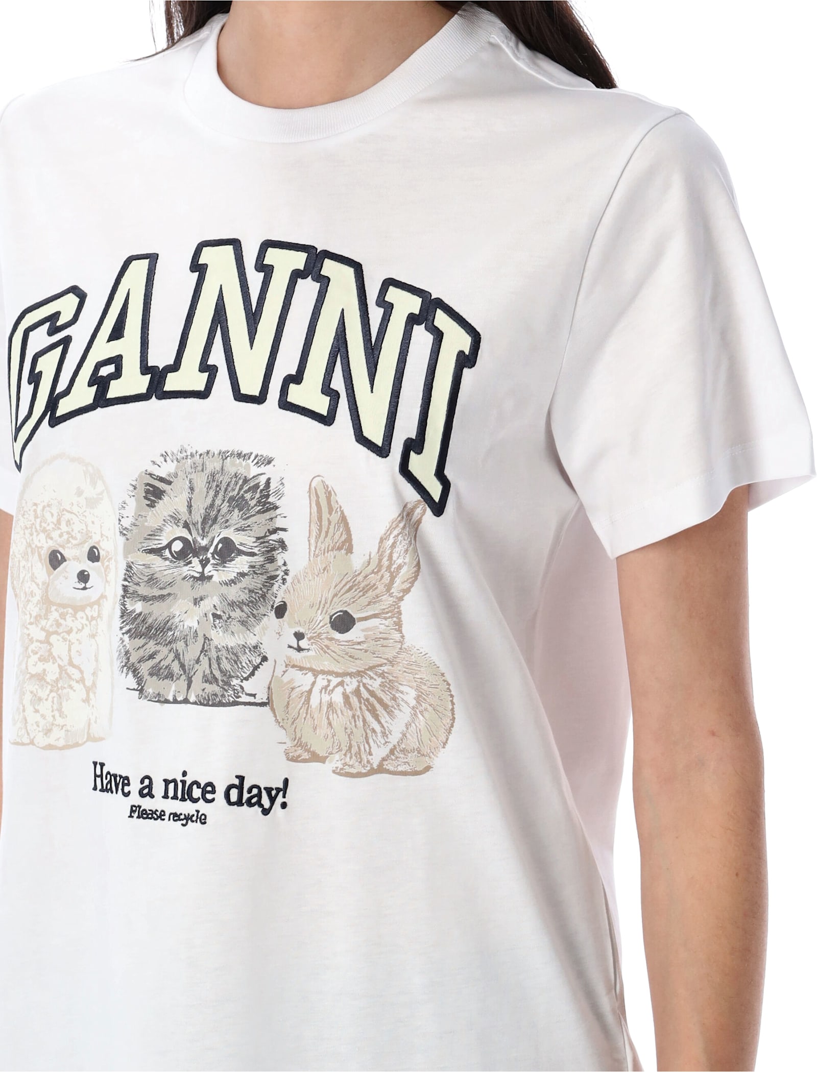 Ganni Animals Organic Cotton T-shirt In White