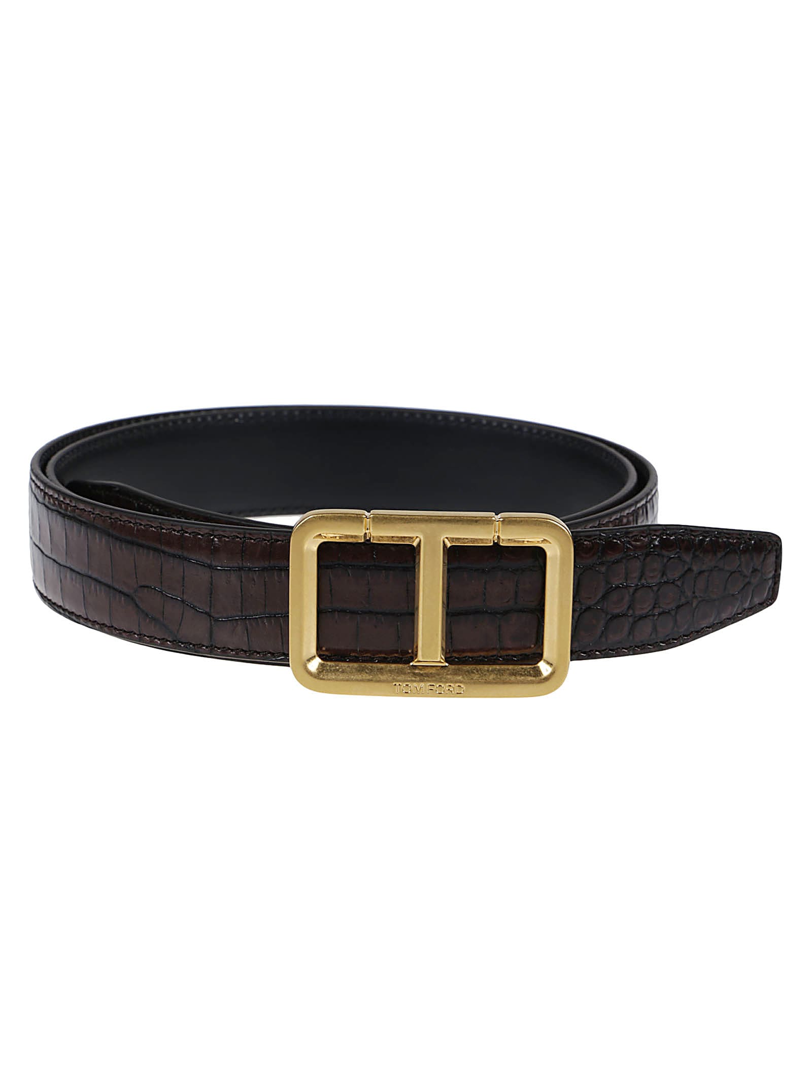 Tom Ford Scored T Crocodile-embossed Belt In Dark Brown | ModeSens