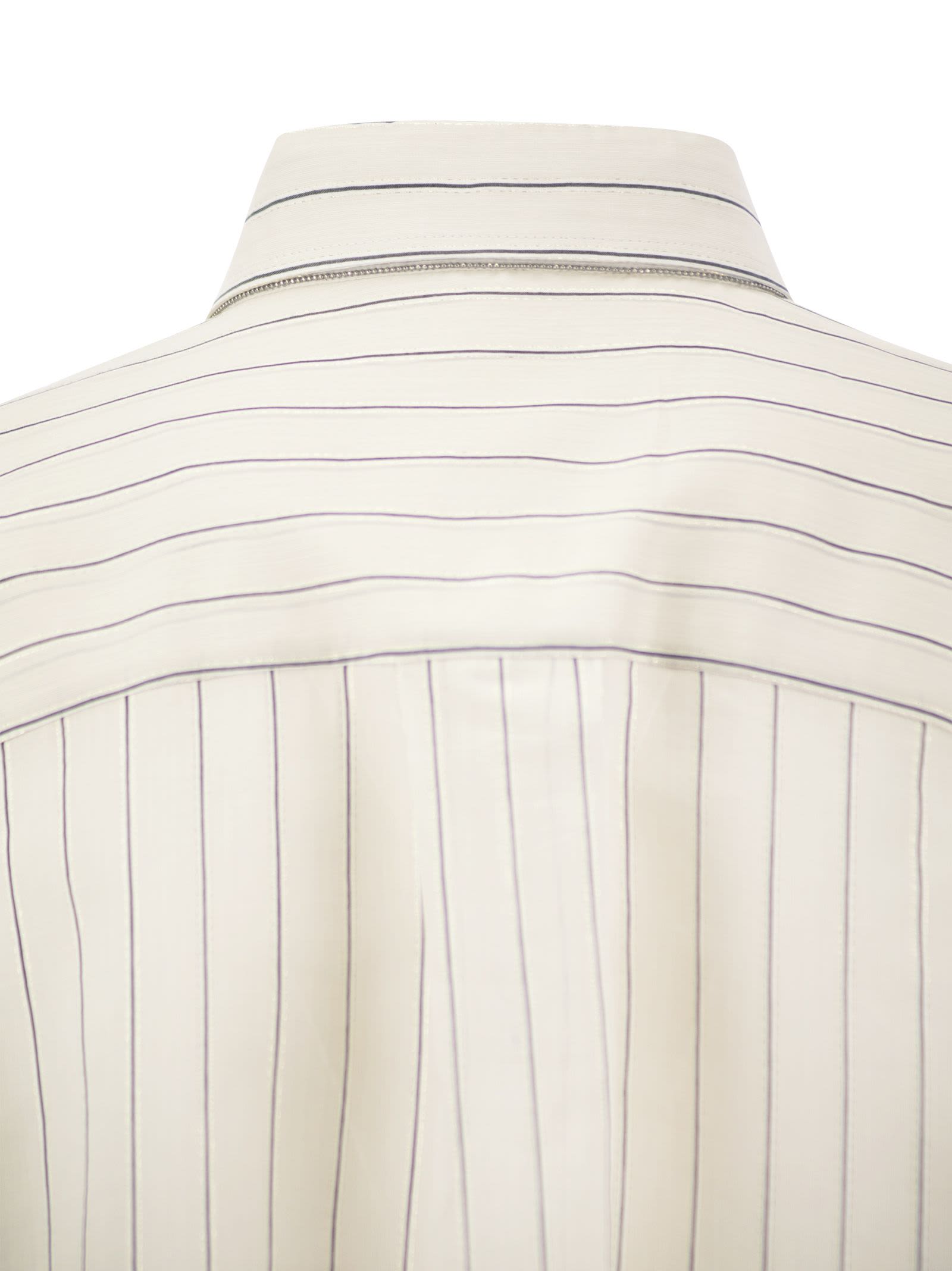 Shop Brunello Cucinelli Sparkling Stripe Cotton-silk Poplin Shirt With Necklace In White