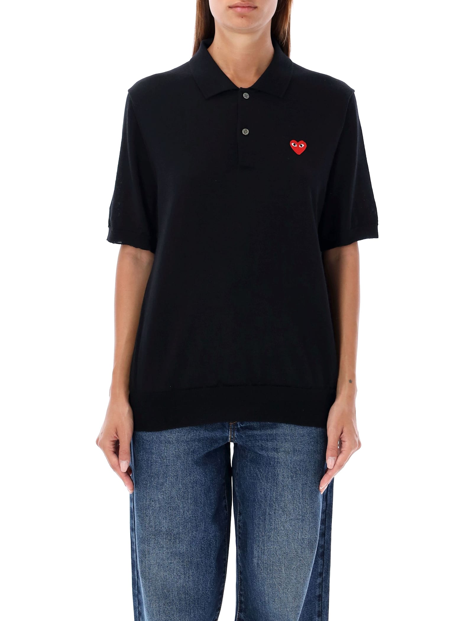 Shop Comme Des Garçons Play Red Heart Knit Polo Shirt In Black