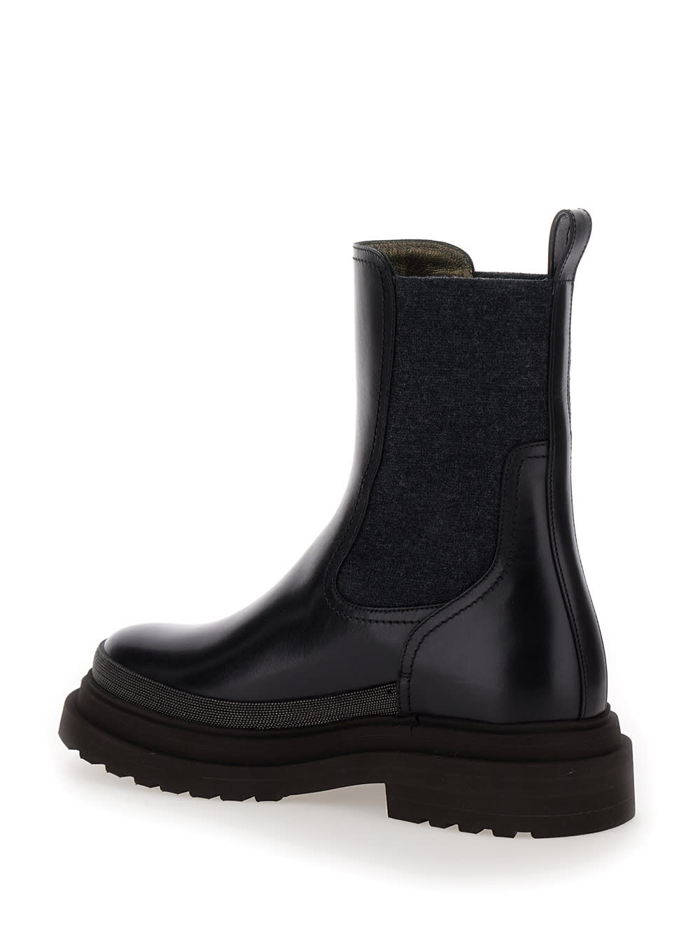 Shop Brunello Cucinelli Black Slip-on Boots With Lug Sole And Monile In Leather Woman