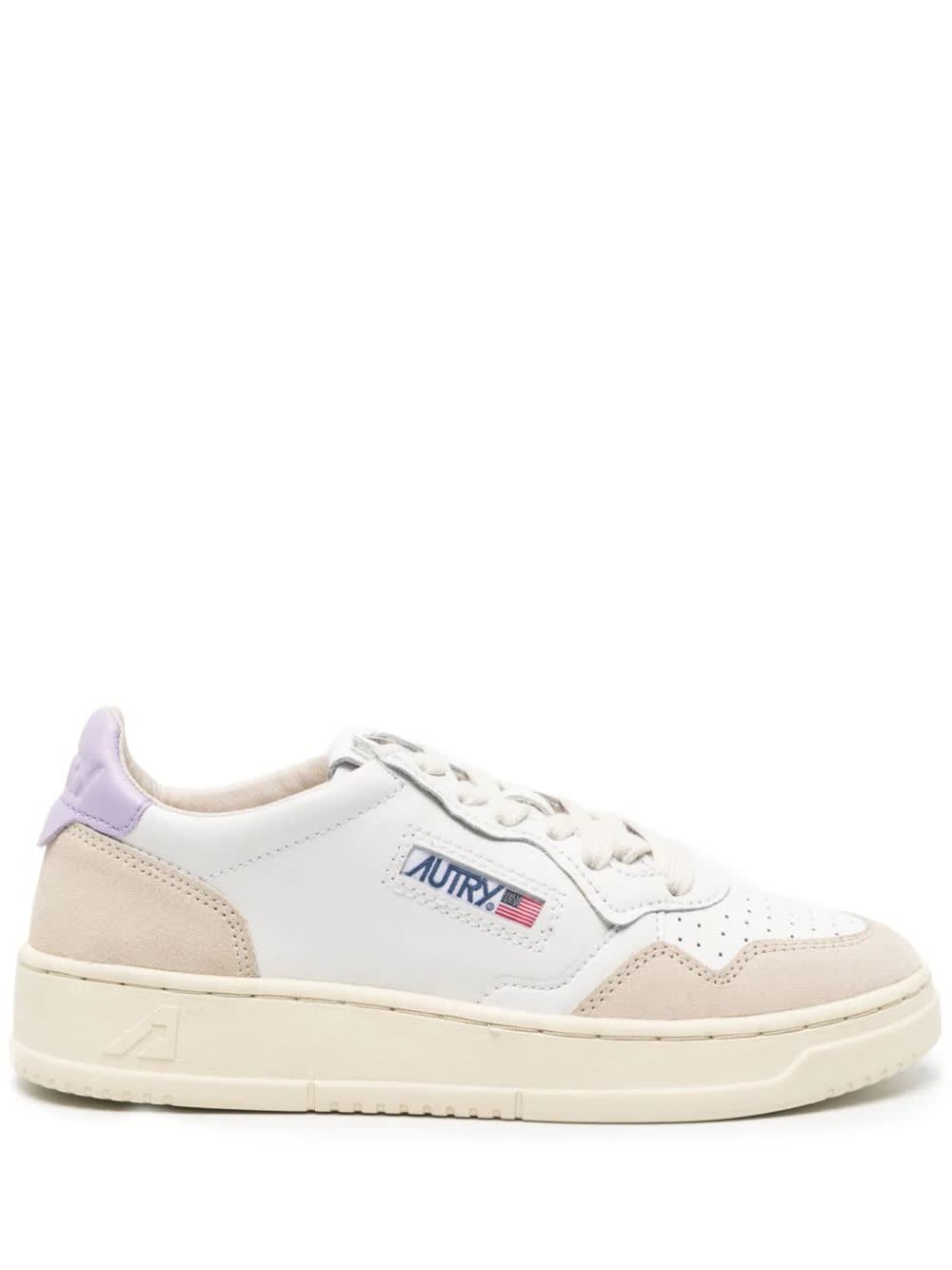 AUTRY MEDALIST LOW SNEAKERS IN WHITE AND LILAC SUEDE AND LEATHER