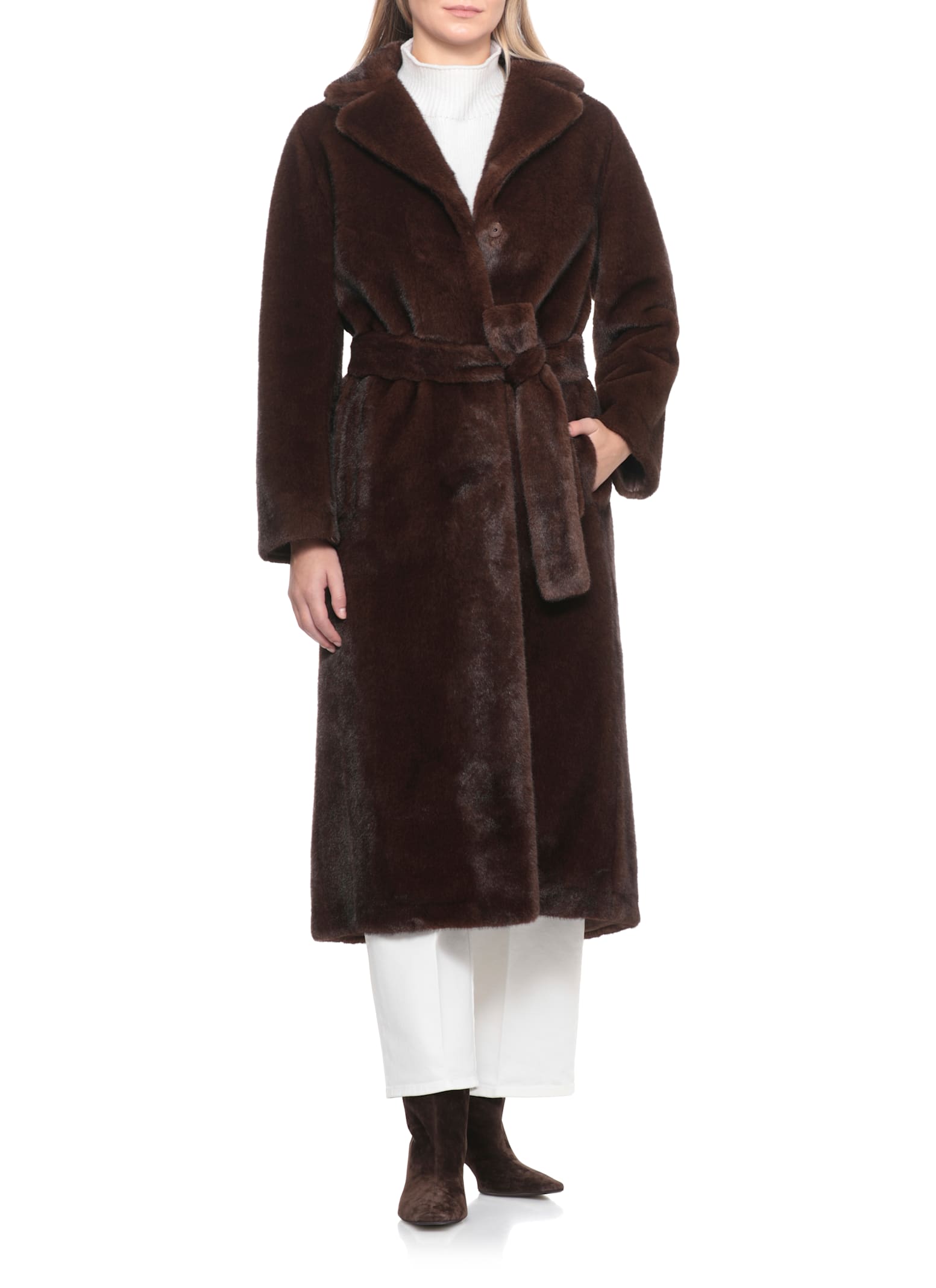 Valentini 1972 Brown Coat With Waist Belt In Faux Fur Woman In Brown