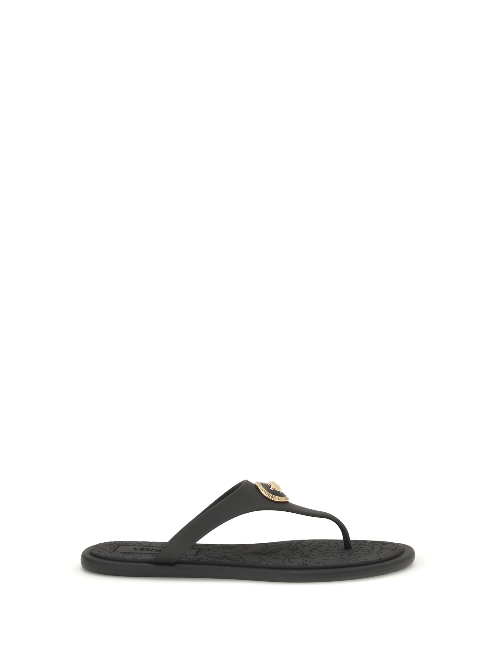 Versace Flat Sole Open Toe Sandals With Medusa Motif In Black