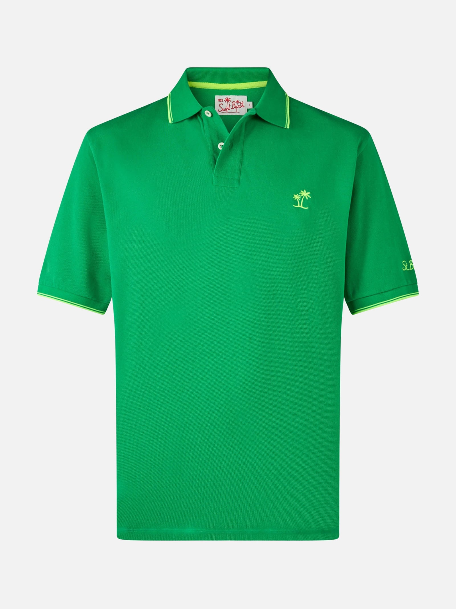 MC2 SAINT BARTH MAN GREEN COTTON PIQUET POLO SHIRT BEVERLY HILLS WITH PALM EMBROIDERY