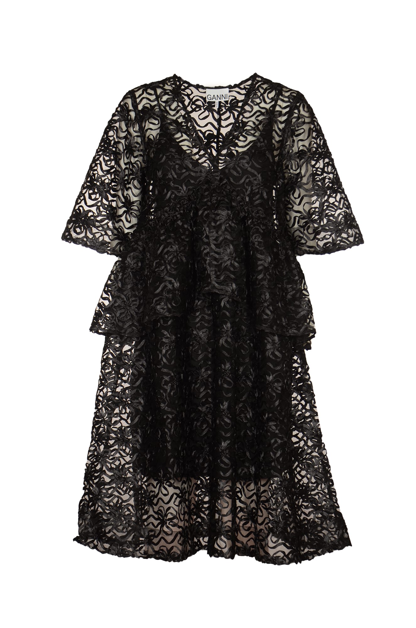 Shop Ganni Ribbon Detail See-through Layered Dress In Black