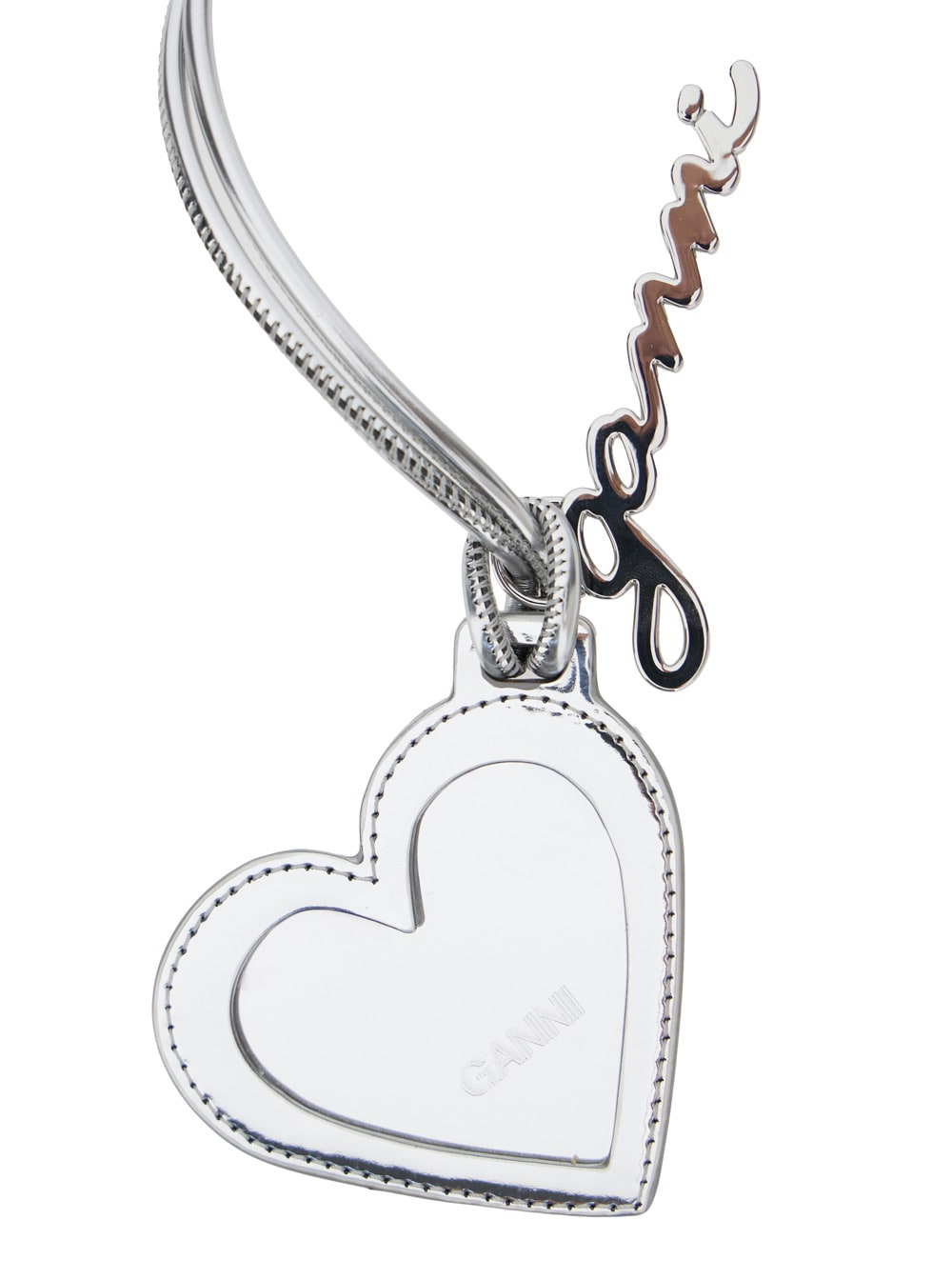 Ganni Bou Heart Metallic Mirror With Logo Lettering Pendant And Heart Charm In Metal Woman In Silver