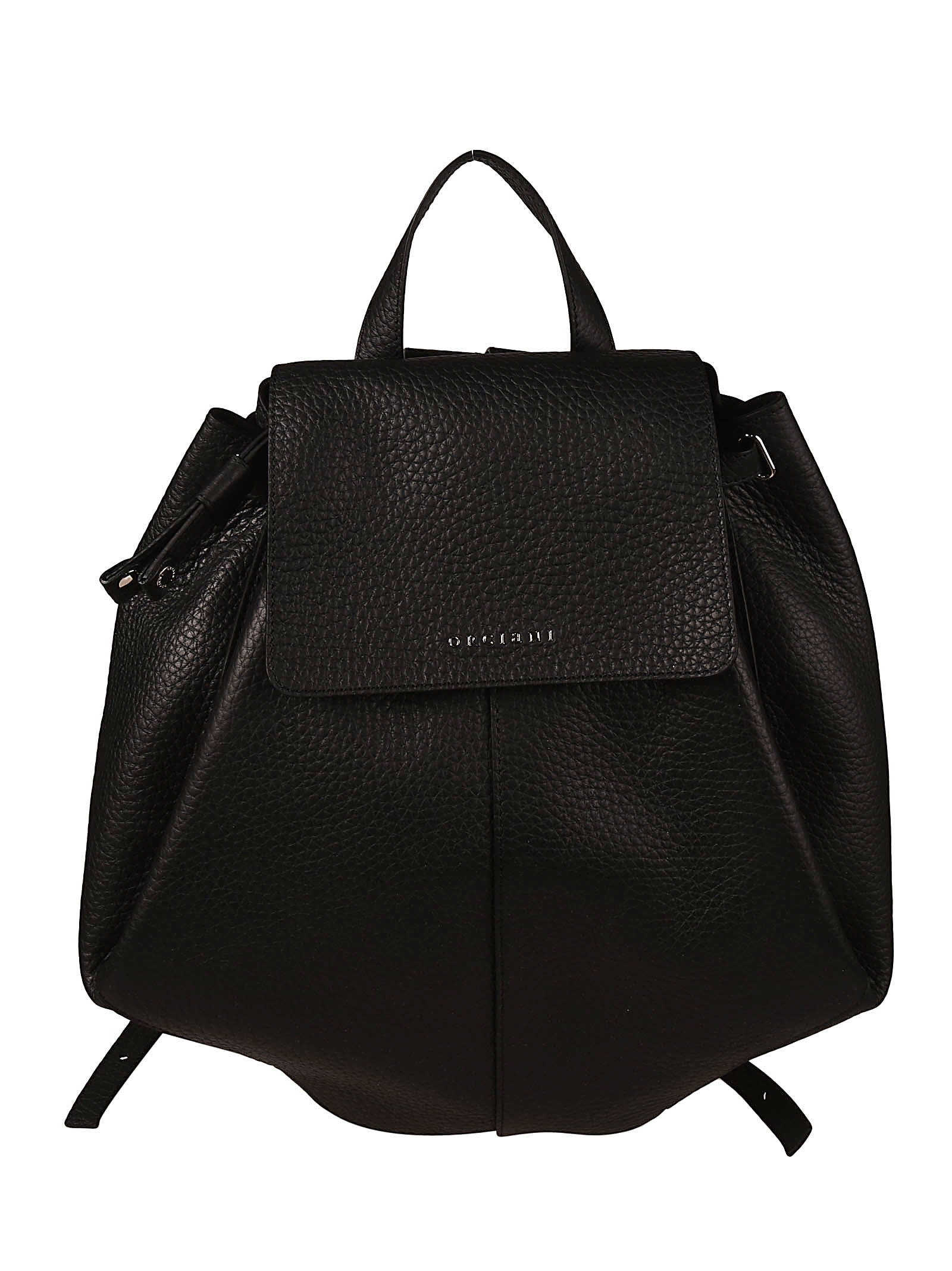 Orciani Grained Leather Logo Flap Bucket Backpack