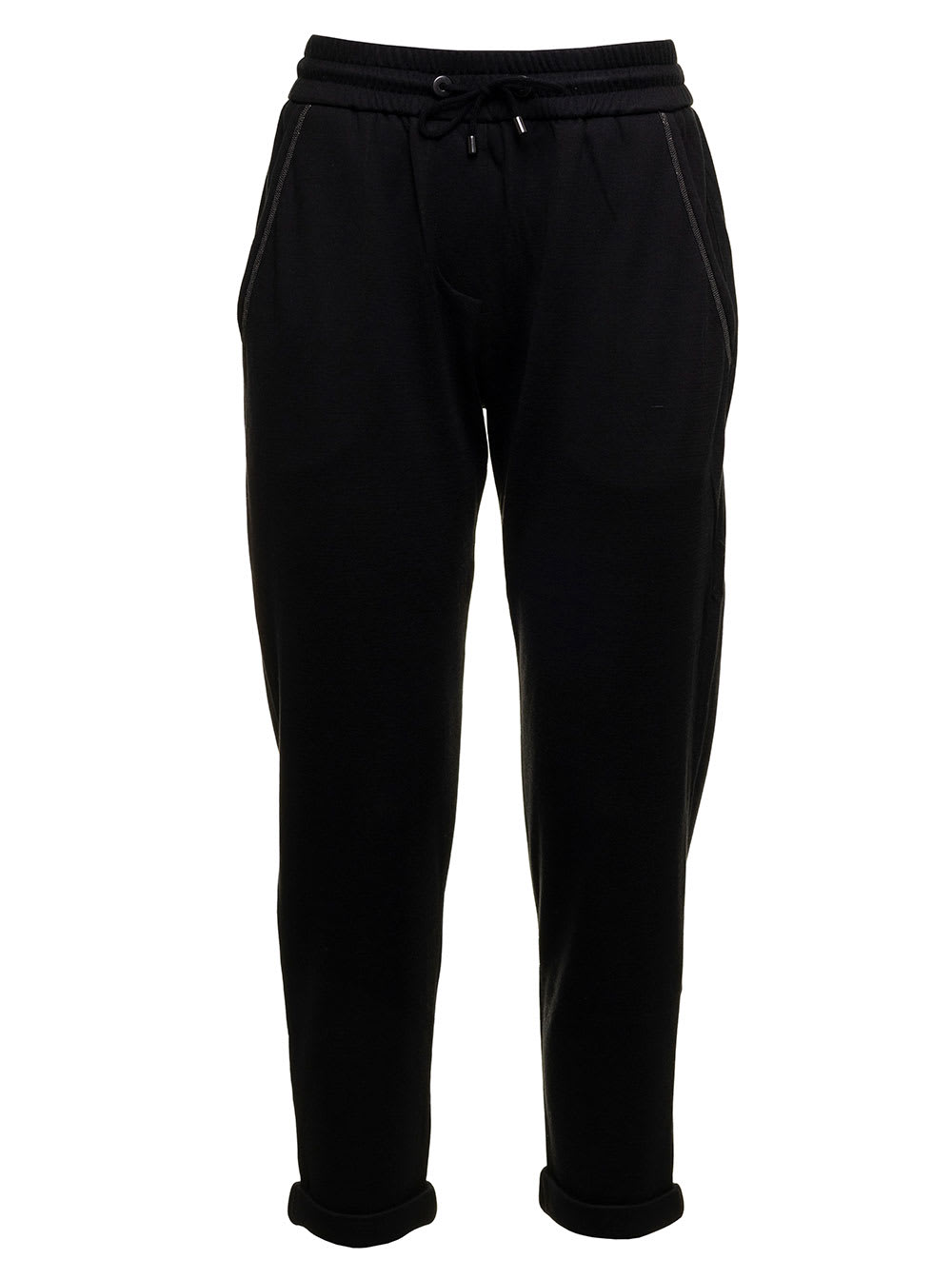 Brunello Cucinelli Womans Black Cotton And Silk Joggers With Monile Inserts