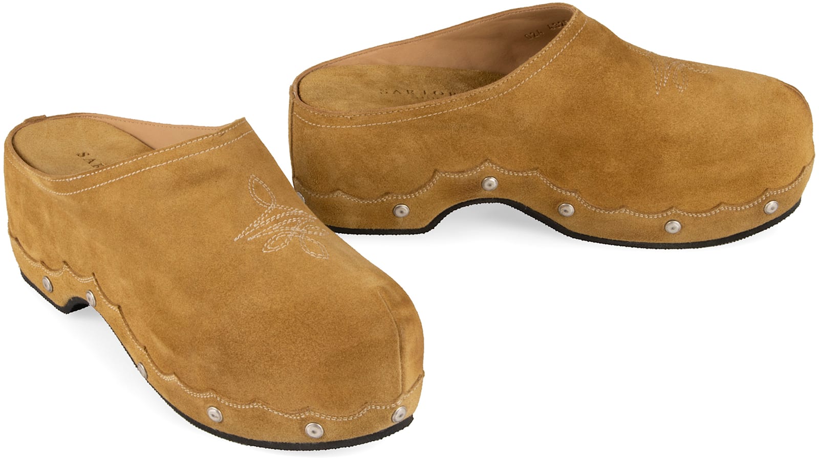 Sartore Scalloped Suede Clogs In Beige