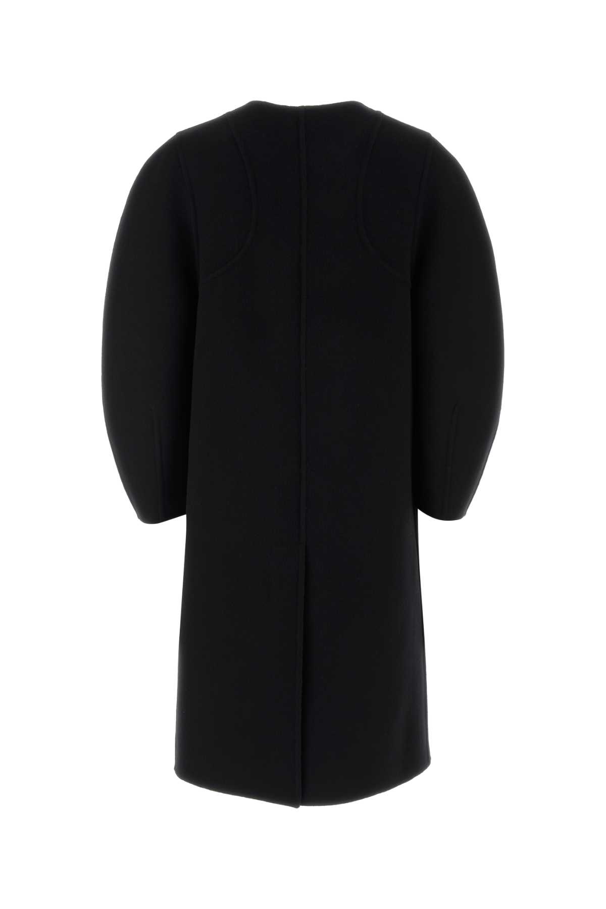 Fendi Women Black Crewneck Coat With Puffed Sleeves And Two Front Shearling Pockets In Wool Blend Wo In Black