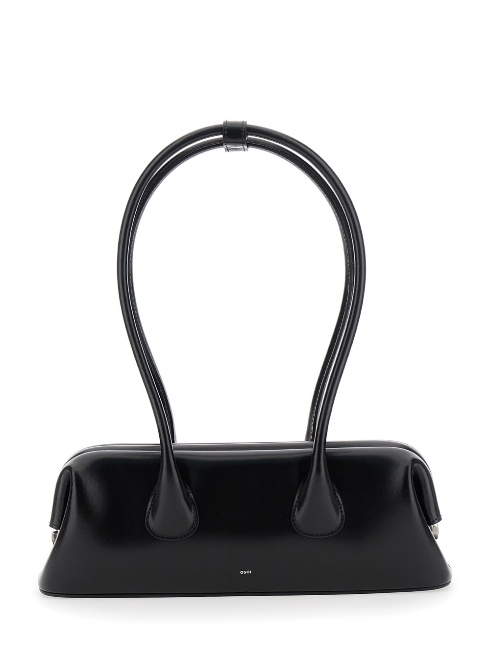 boat Wide Mini Black Shoulder Bag With Round Handles And Logo Lettering On The Front In Leather Woman