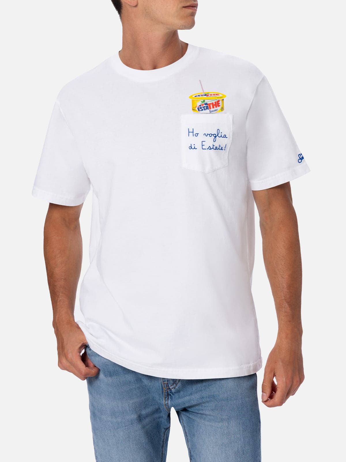 Shop Mc2 Saint Barth Man Cotton T-shirt Austin With Estathé Embroidery Estathe Special Edition In White