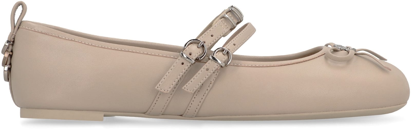 Pinko Nappa Leather Ballet Flats With Straps And Bow In Ecru