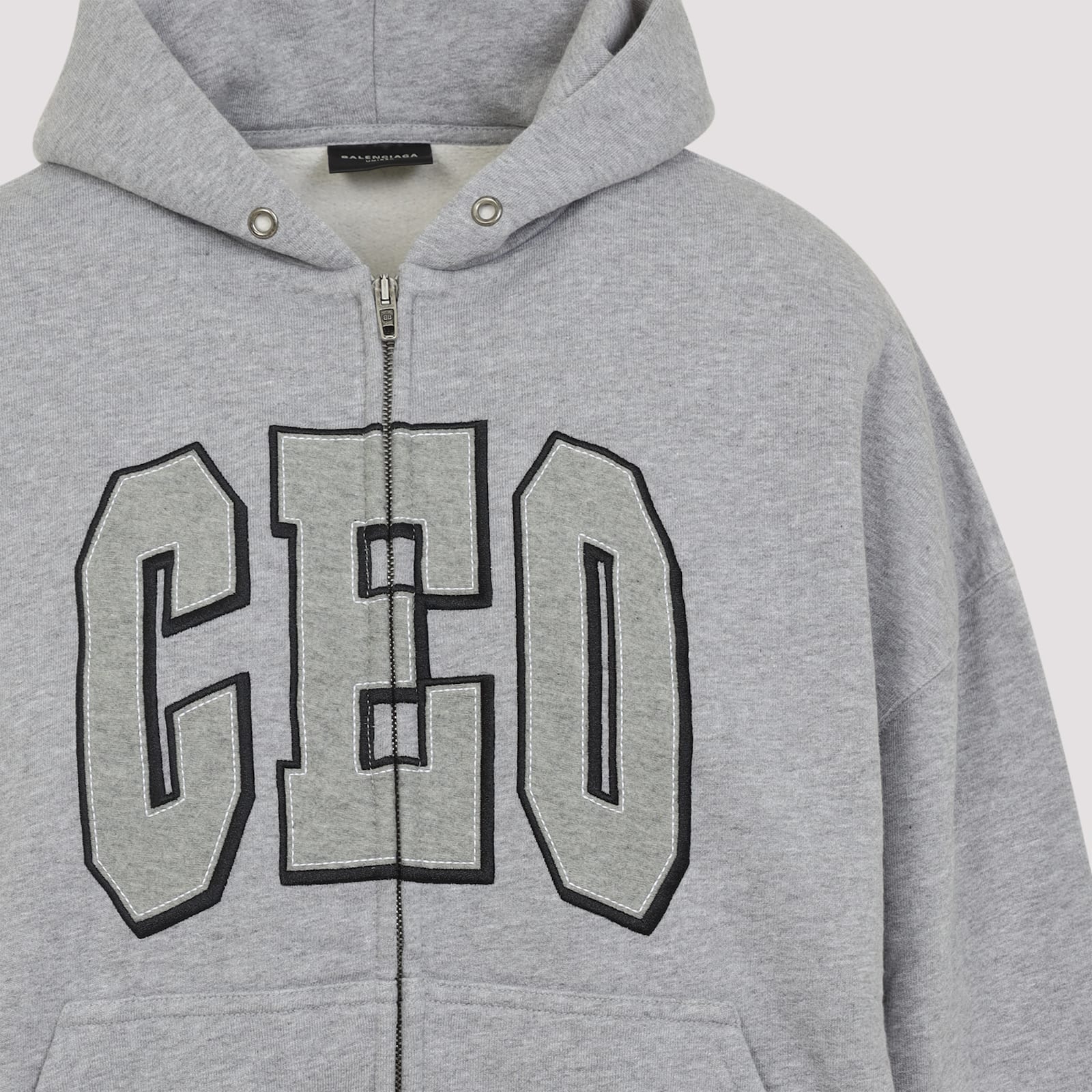 Balenciaga Zip Front Hoodie With Contrast Logo And Ribbed Details In Gray