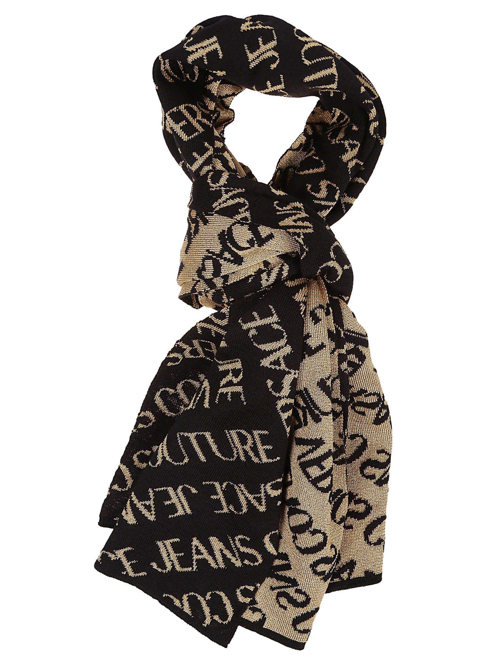 Versace Jeans Couture Logo All Over Scarf In Black/gold