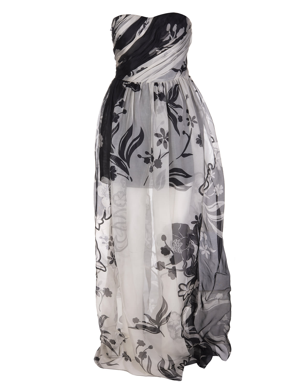 Ermanno Scervino Long Dress In Black And Ivory Silk With Floral Print