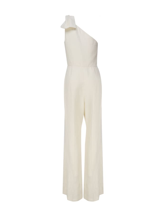 Shop Chloé One-shoulder Linen Canvas Jumpsuit With Decorative Bow In Coconut Milk