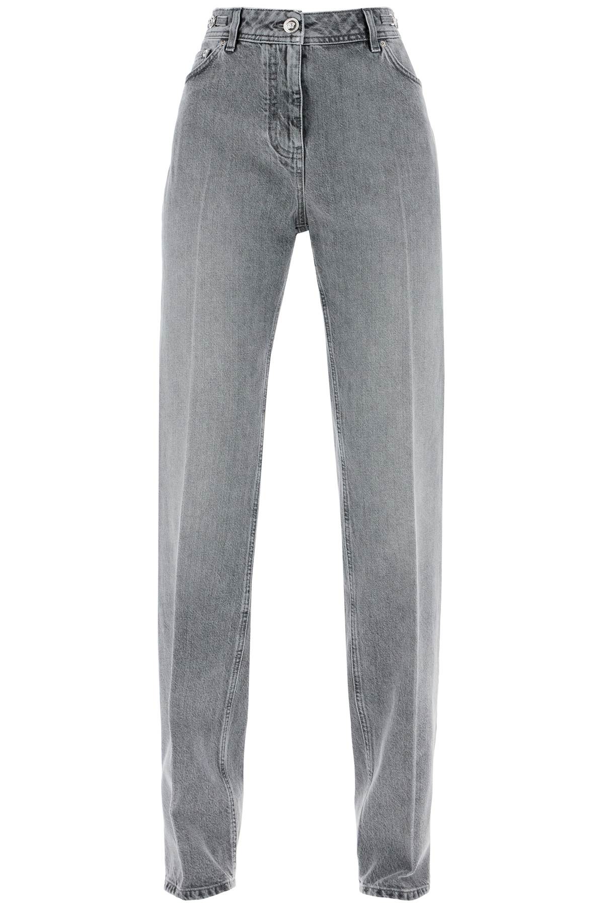 Shop Versace Straight Jeans With Medusa Details In Mid Grey (grey)