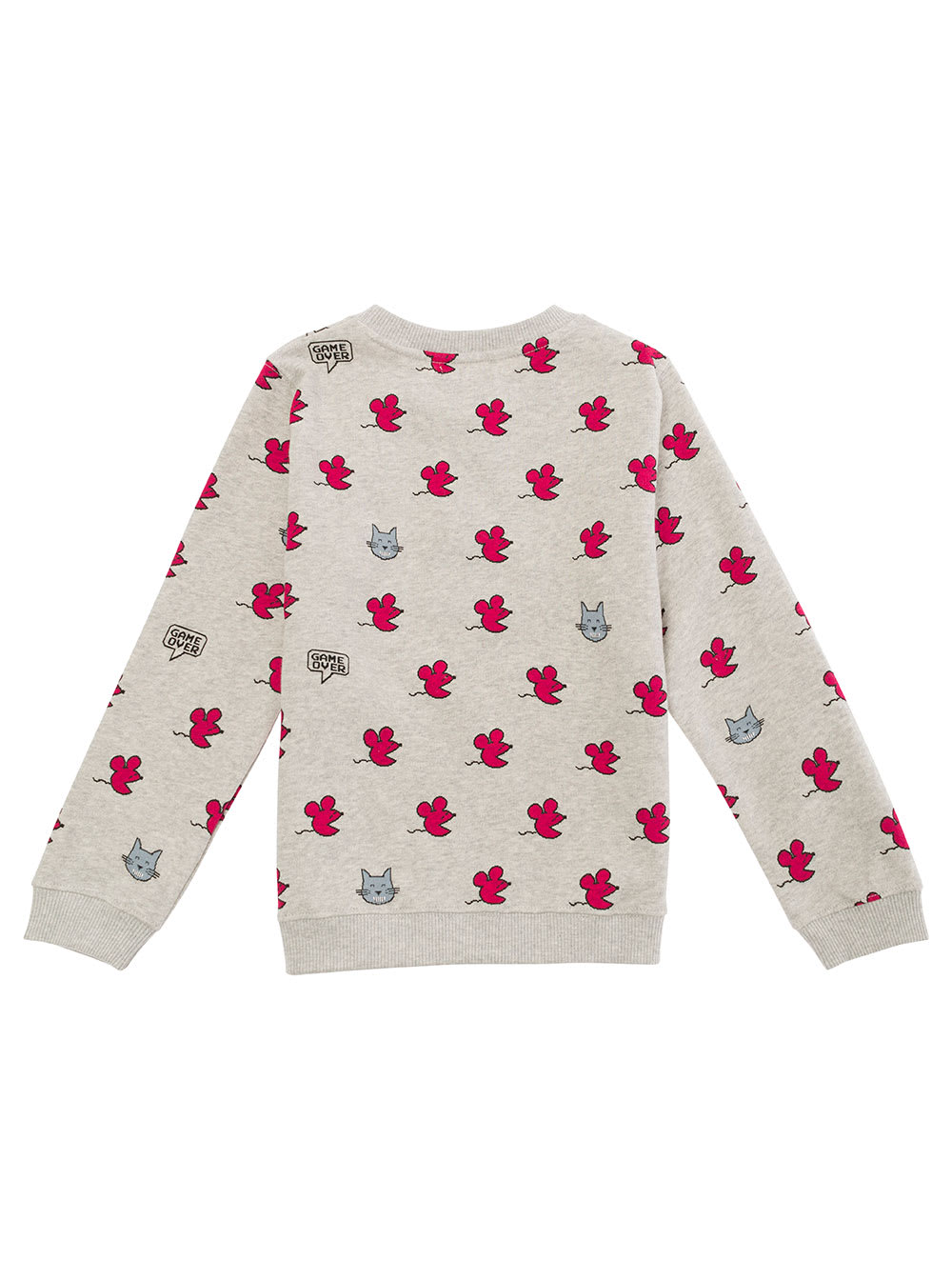 Shop Emile Et Ida Grey Crewneck Sweatshirt With Mouse And Cat Print In Bio Cotton Girl In Multicolor