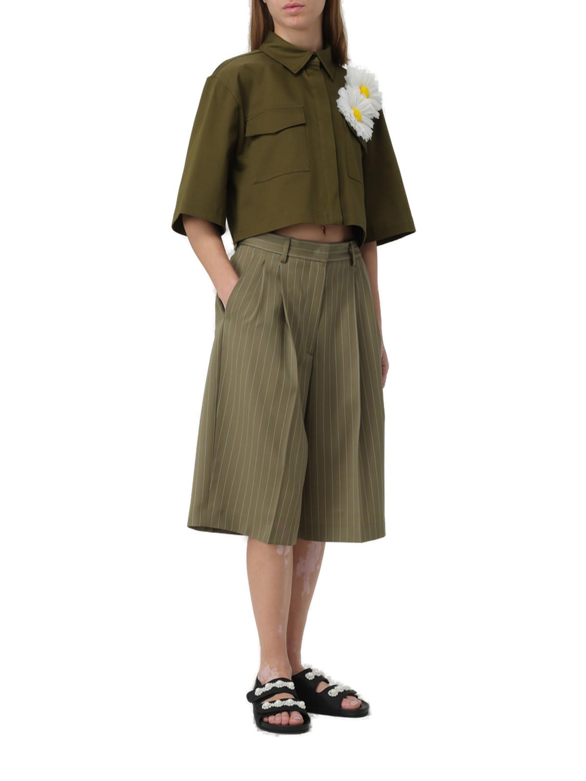 Shop Msgm Floral Patch Cropped Shirt In Military