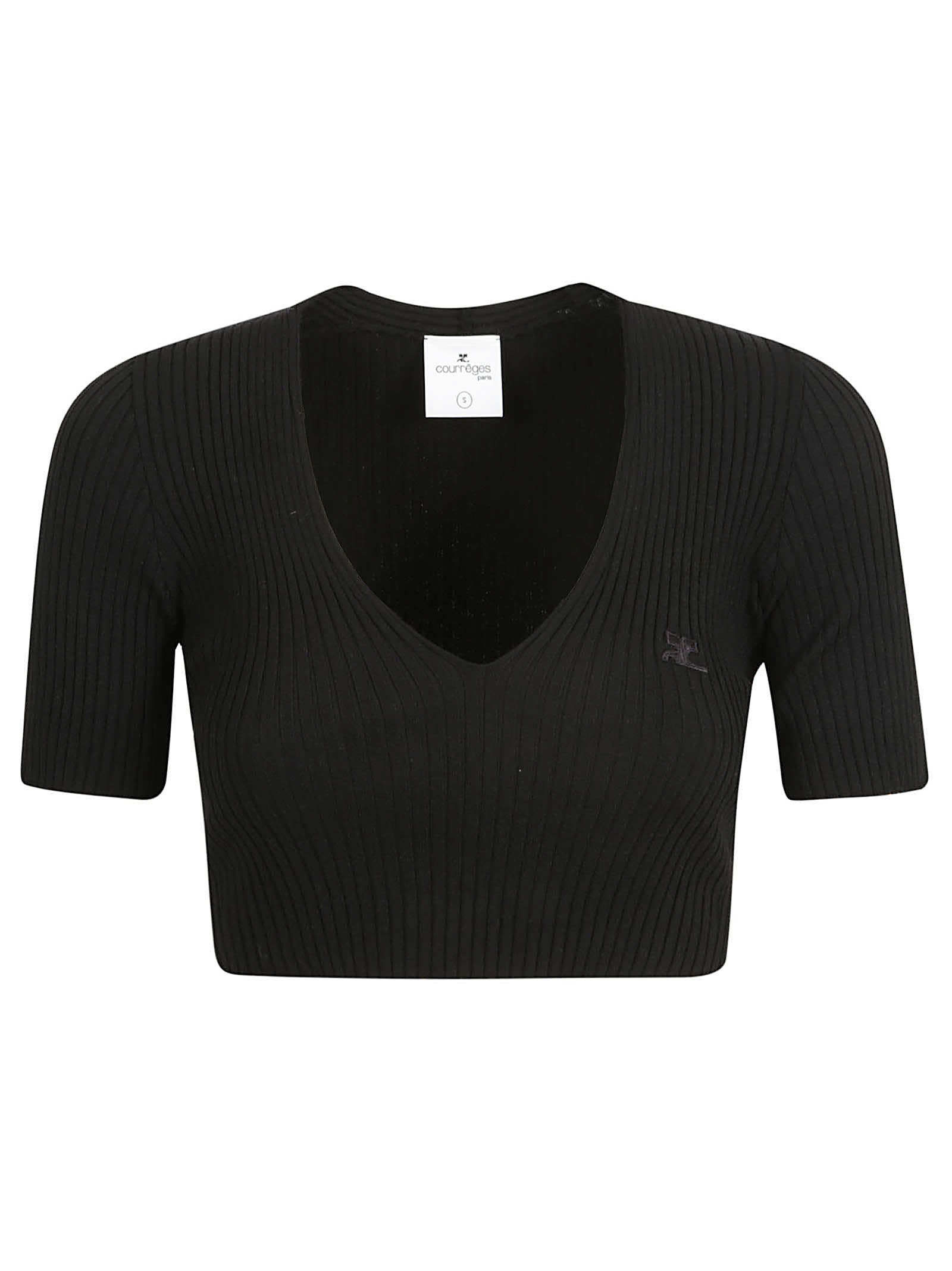 Shop Courrèges Logo Embroidered V-neck Cropped Knit Top In Black