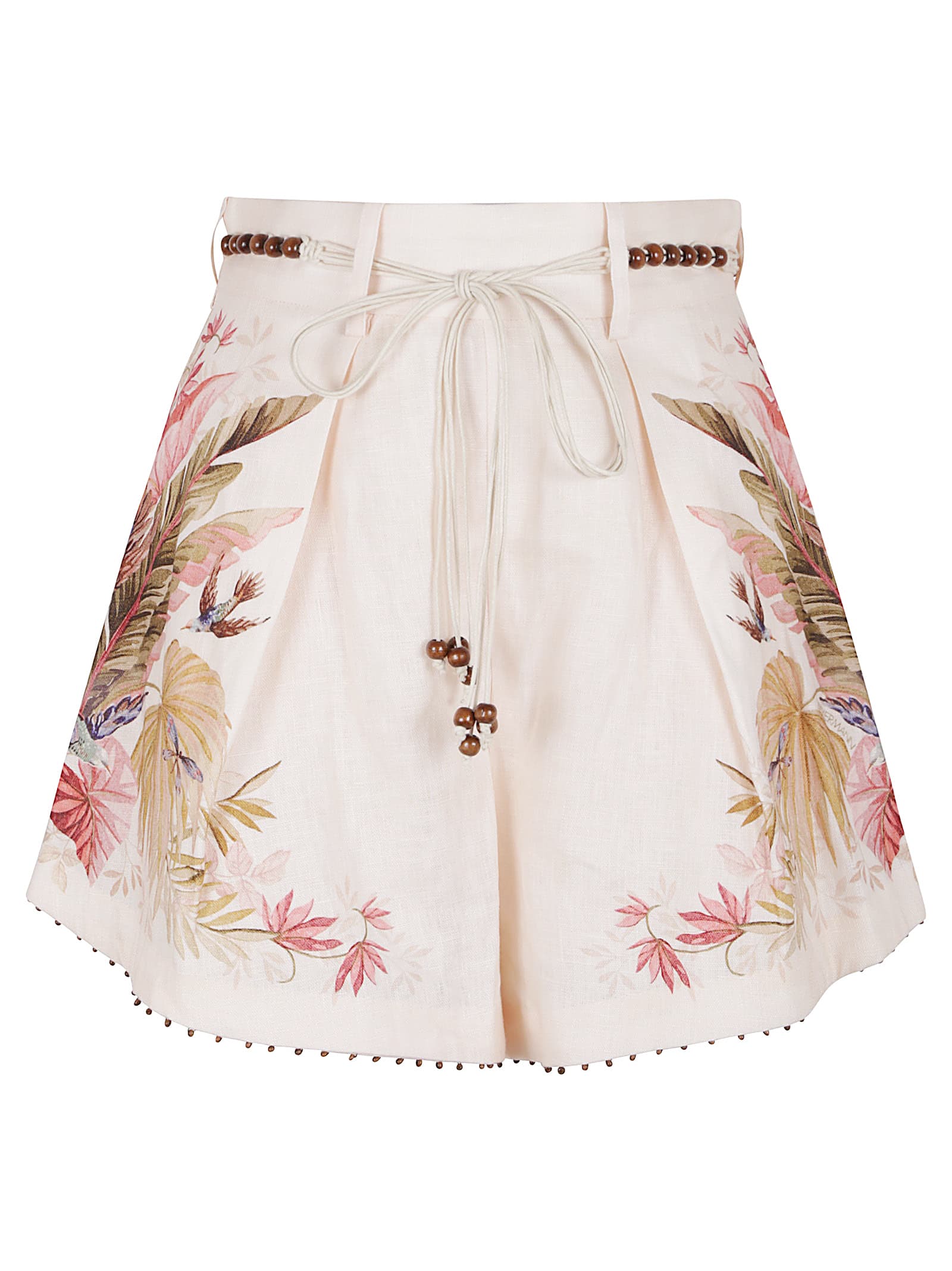 Zimmermann Floral Print Linen Shorts With Removable Waist Strap And Side Pockets In Neutral