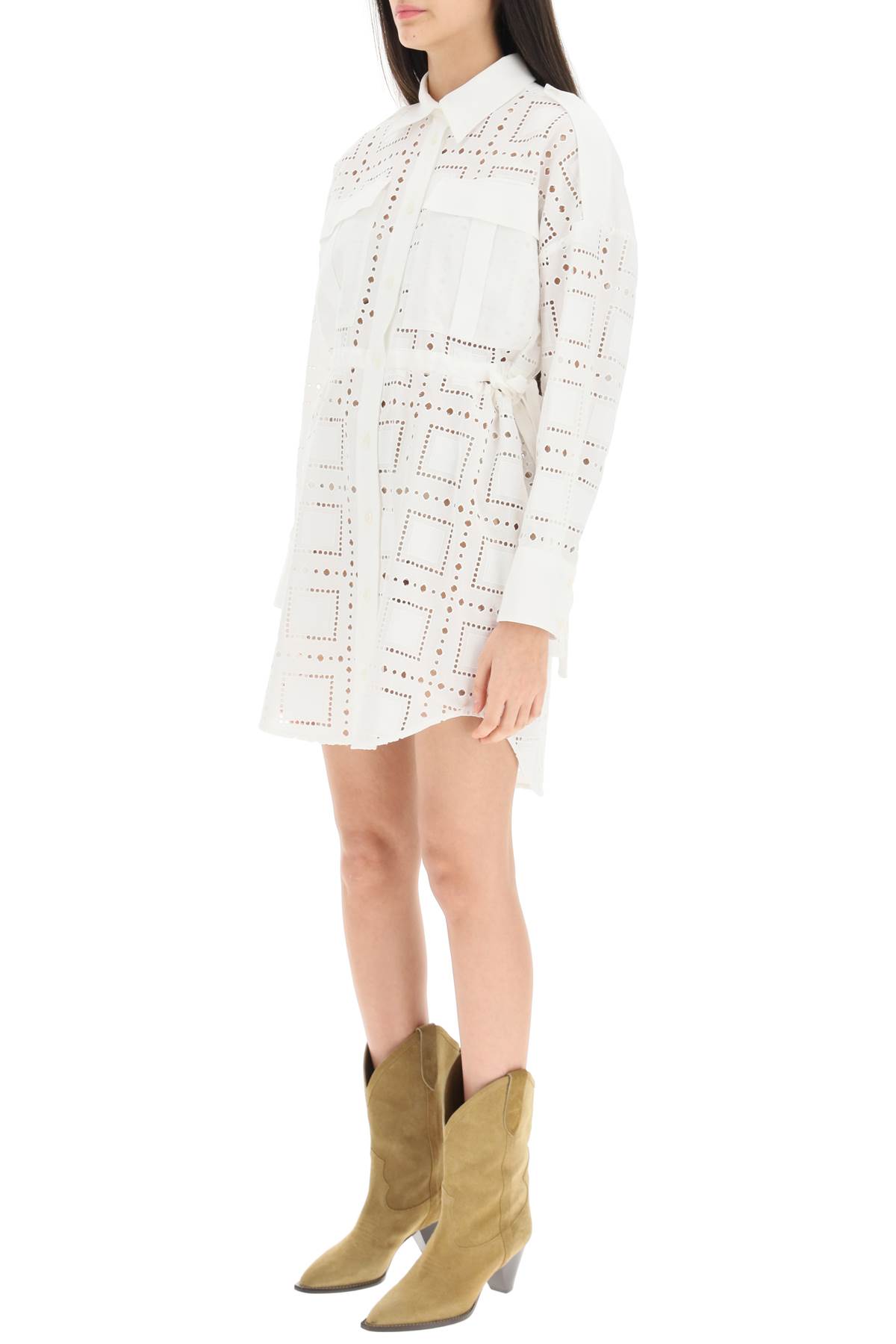Msgm Broderie Mini Shirt Dress With Cut-out In Off White (white)