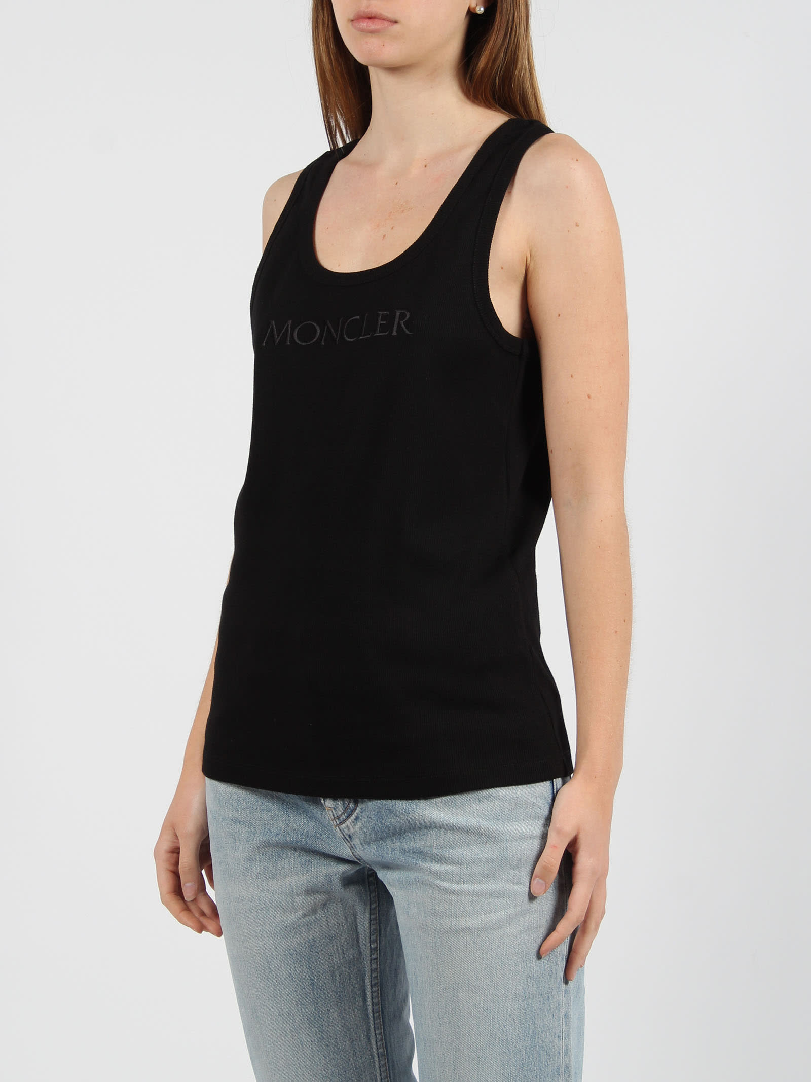 Shop Moncler Embroidered Logo Ribbed Tank Top In Black