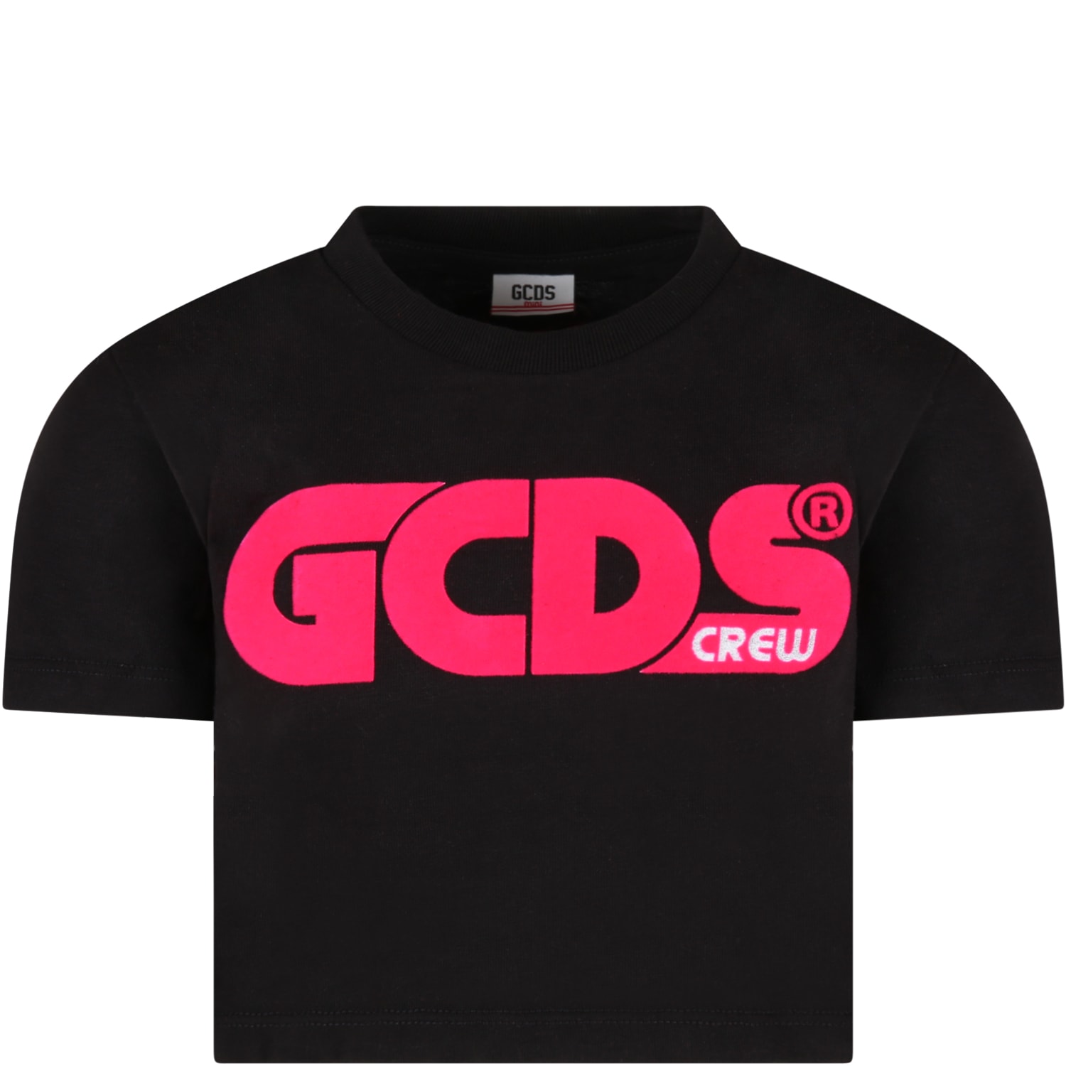 GCDS Mini Black T-shirt For Girl With Neon Fuchsia Logo